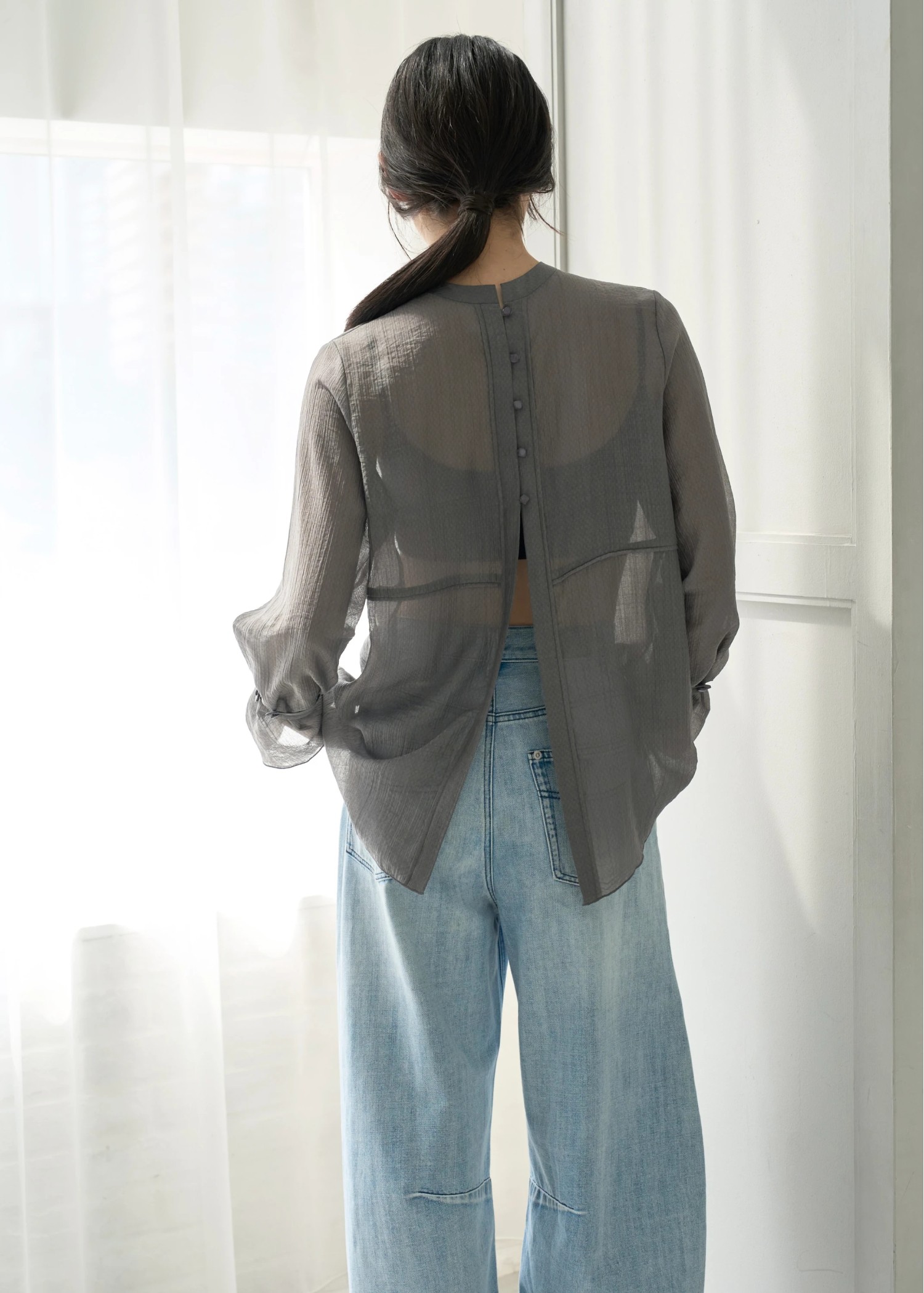 shirring pattern band collar sheer BL