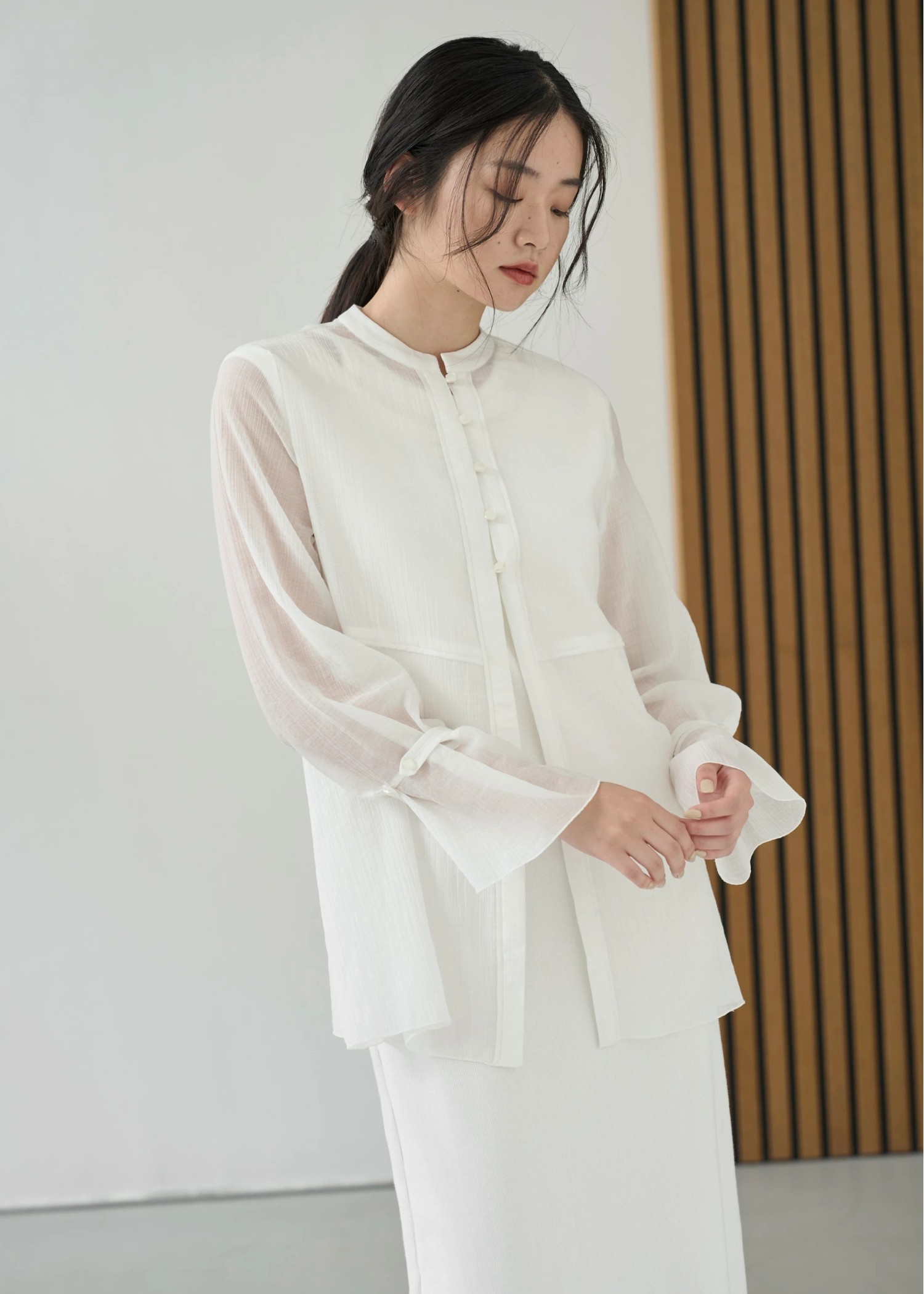 shirring pattern band collar sheer BL