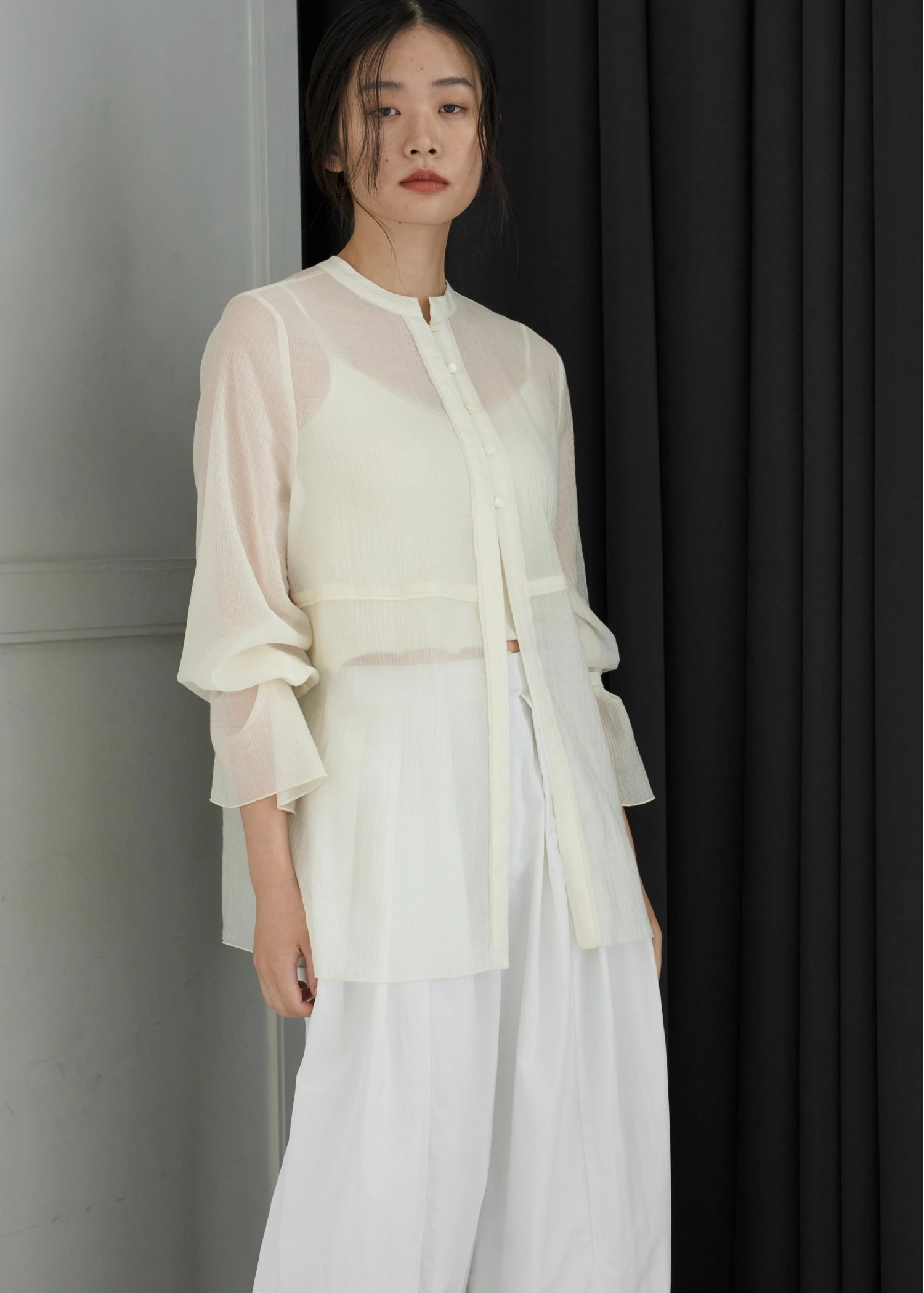 shirring pattern band collar sheer BL