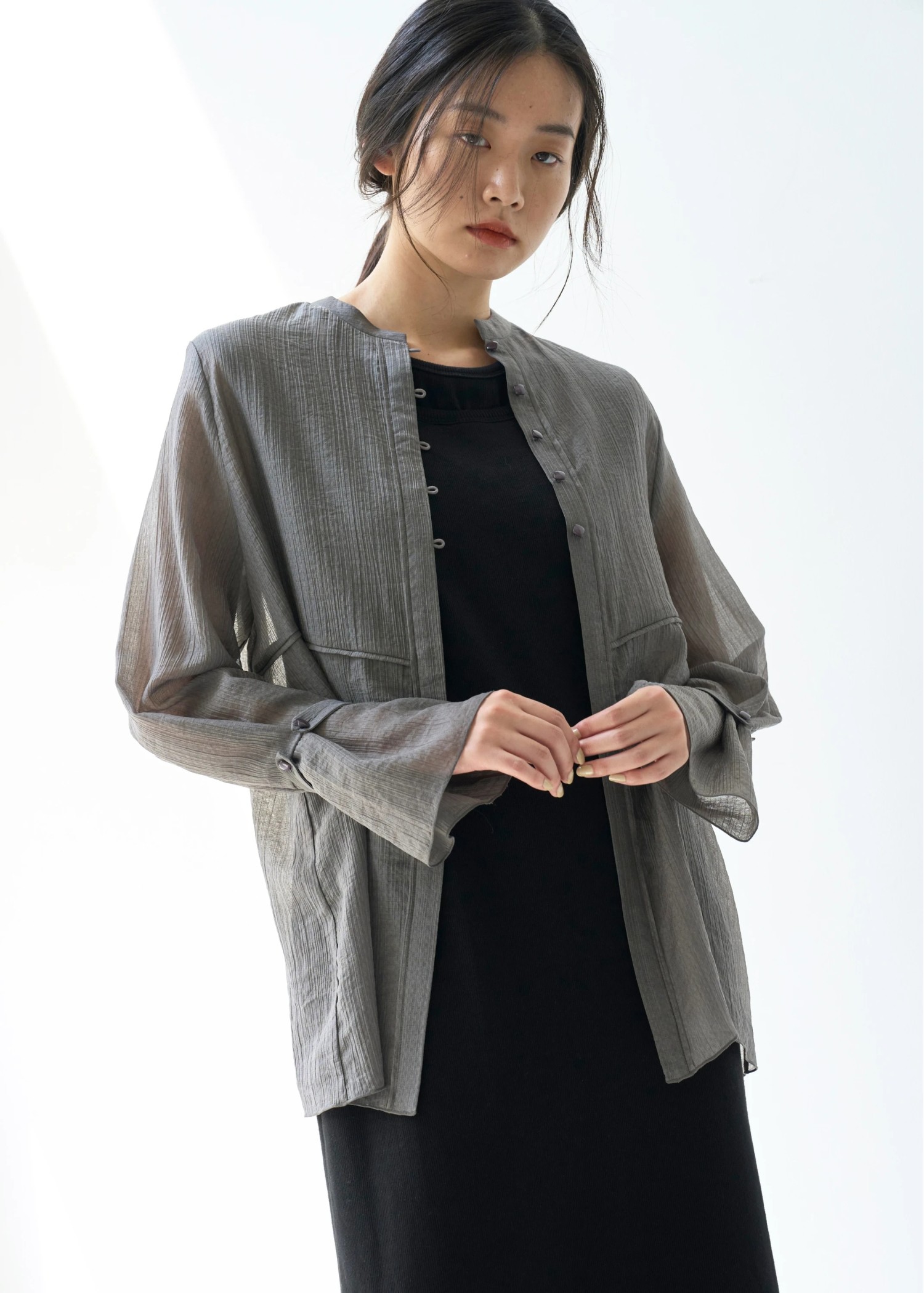 shirring pattern band collar sheer BL