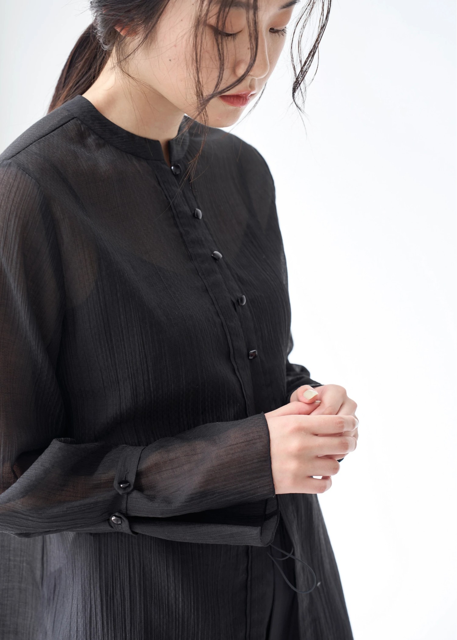 shirring pattern band collar sheer BL