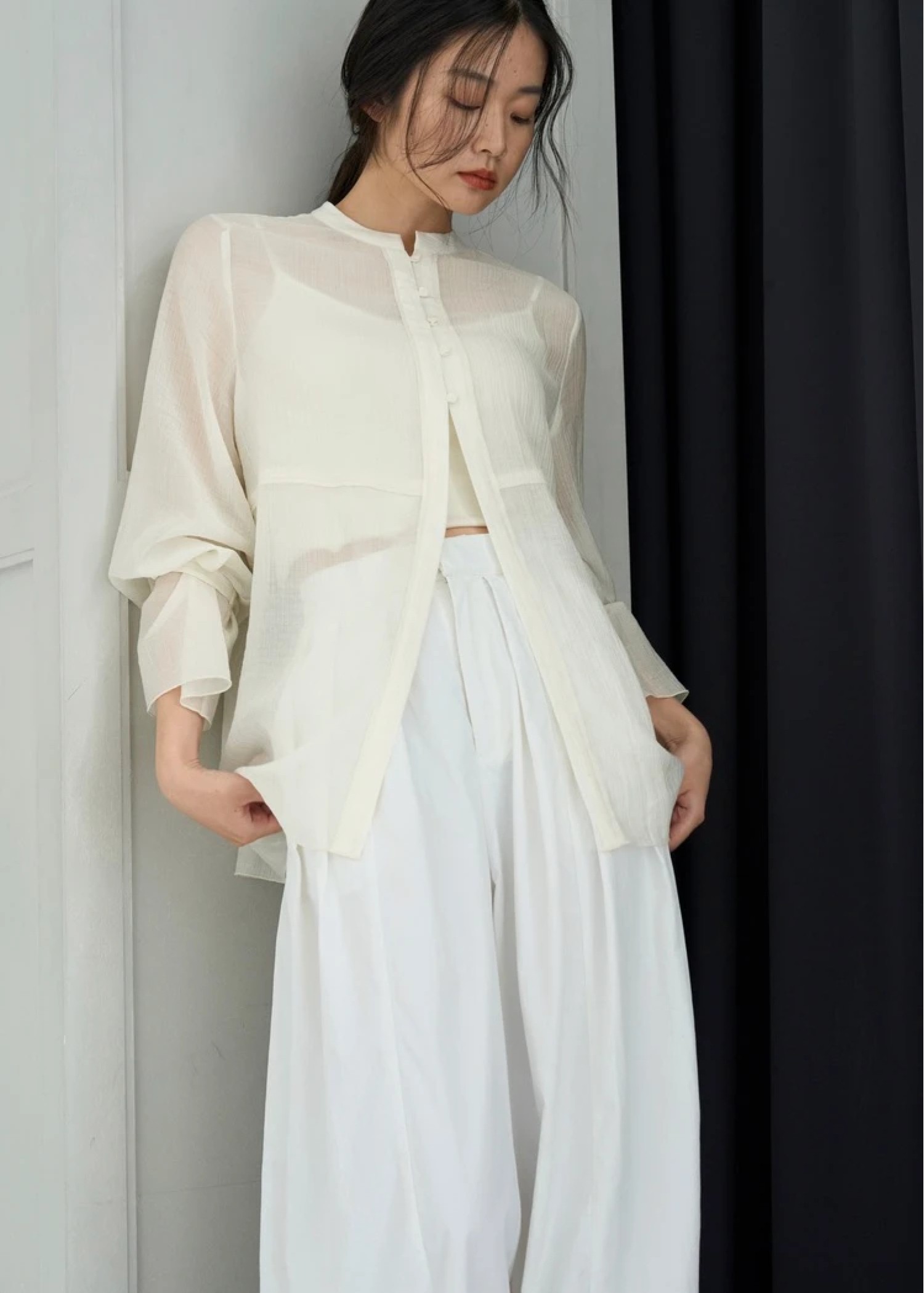 shirring pattern band collar sheer BL