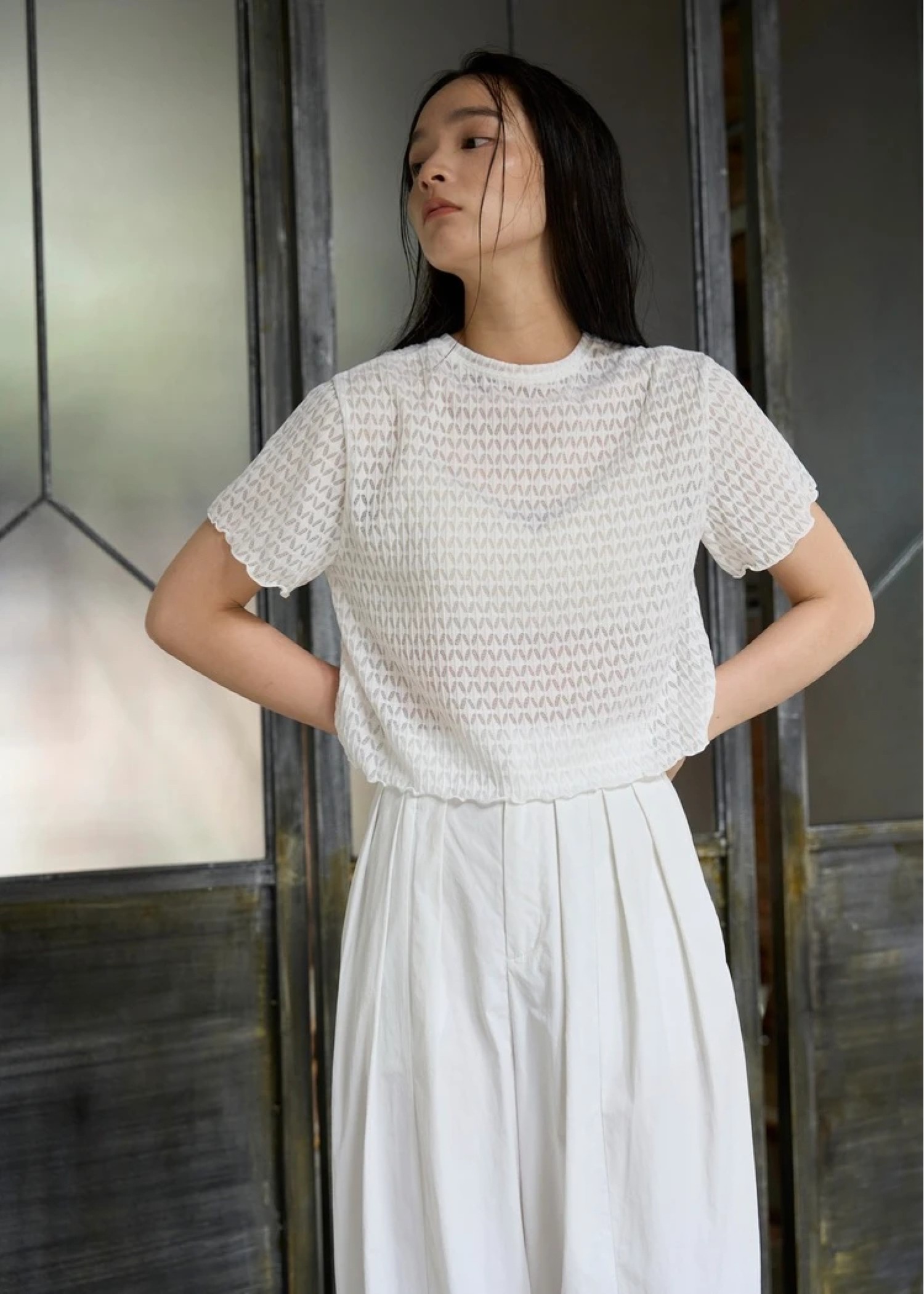 rhomboid stripe sheer T-shirt