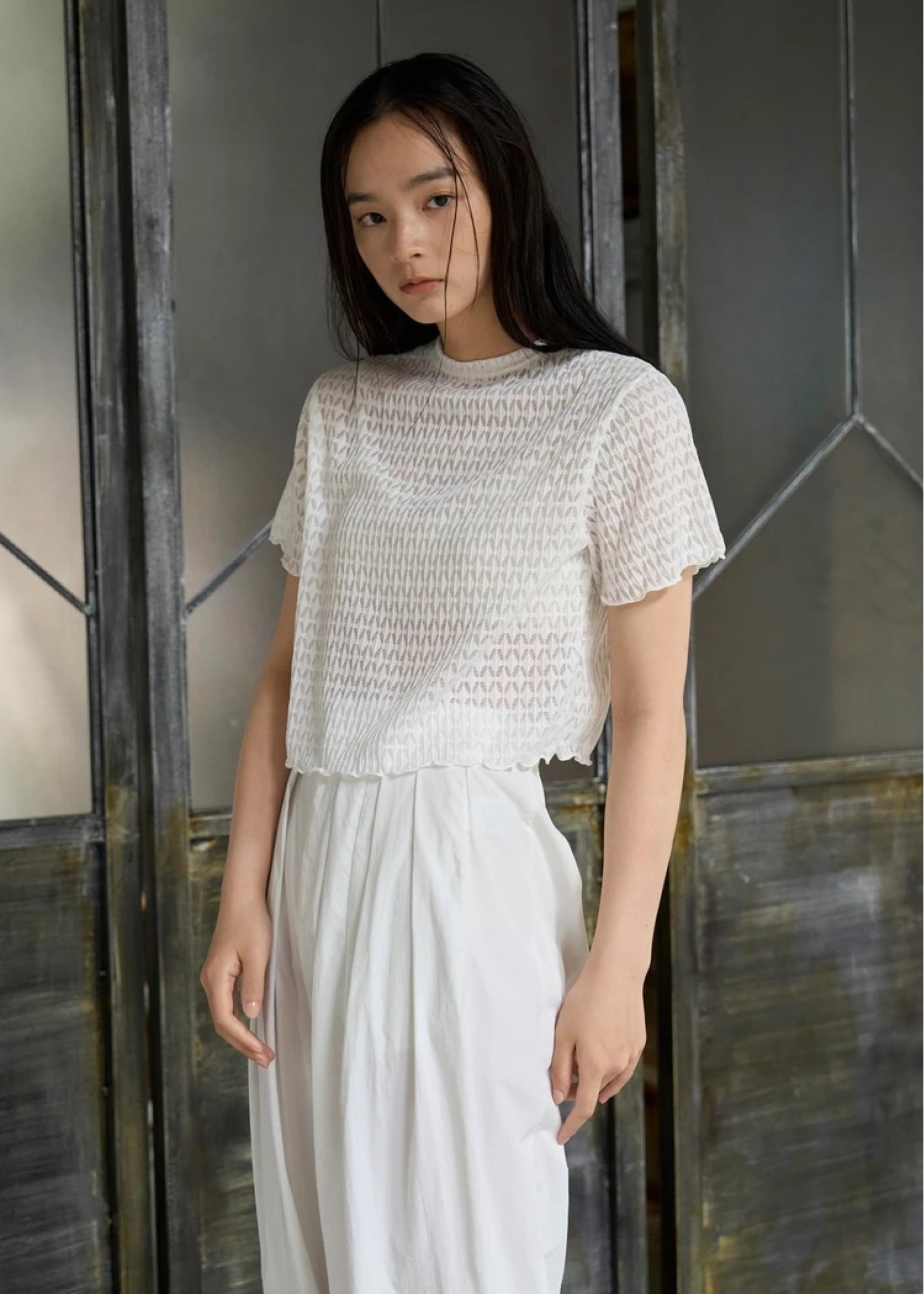 rhomboid stripe sheer T-shirt