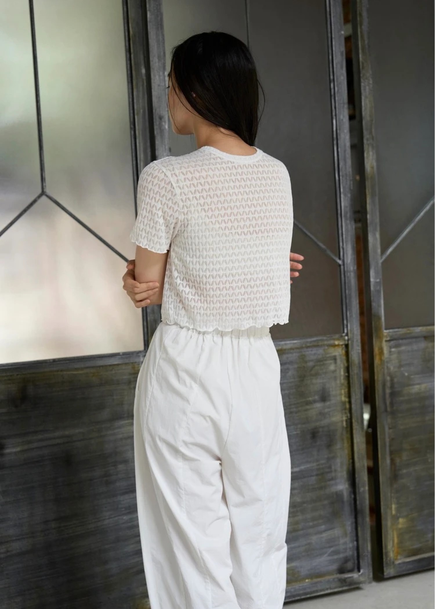 rhomboid stripe sheer T-shirt