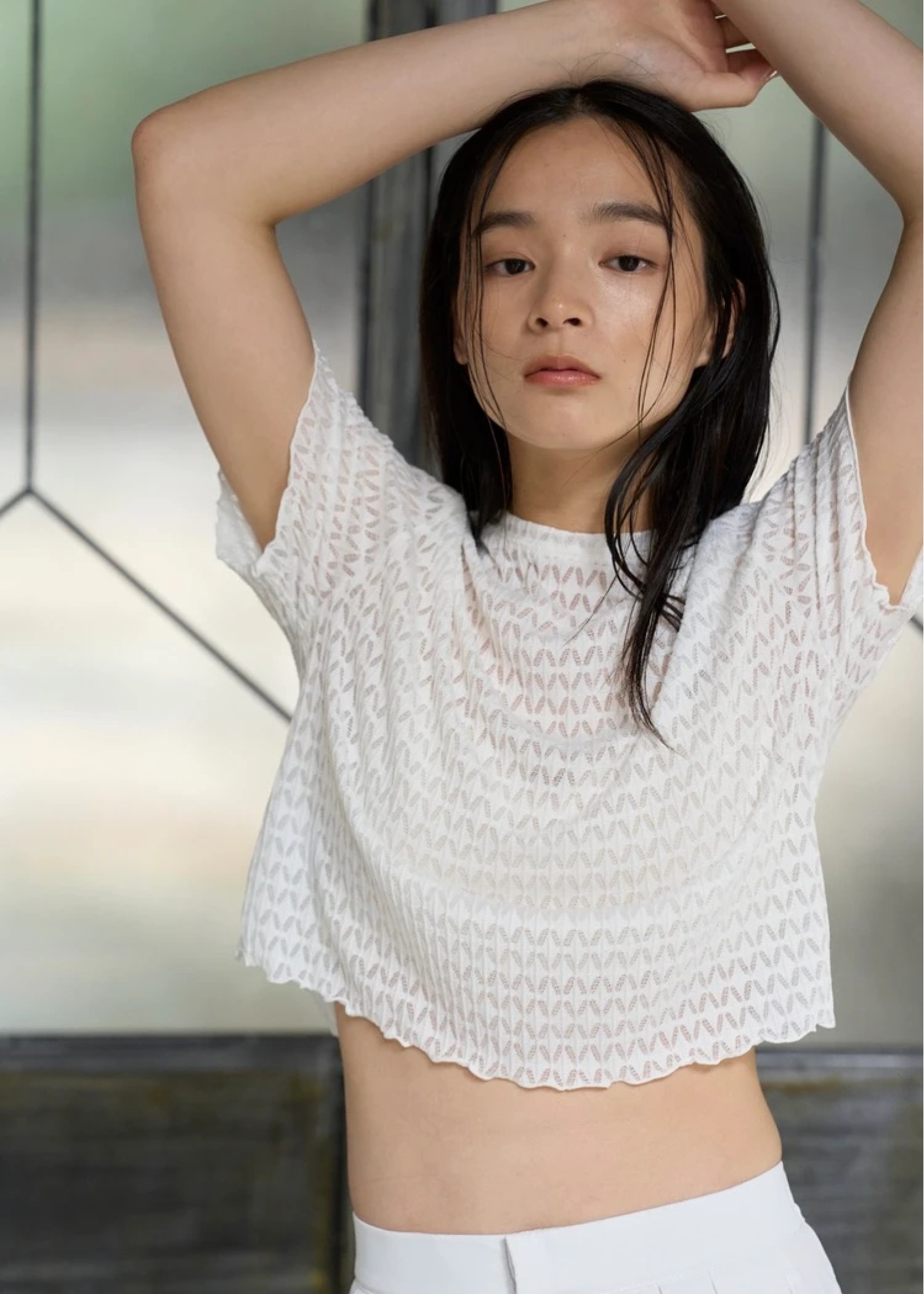 rhomboid stripe sheer T-shirt