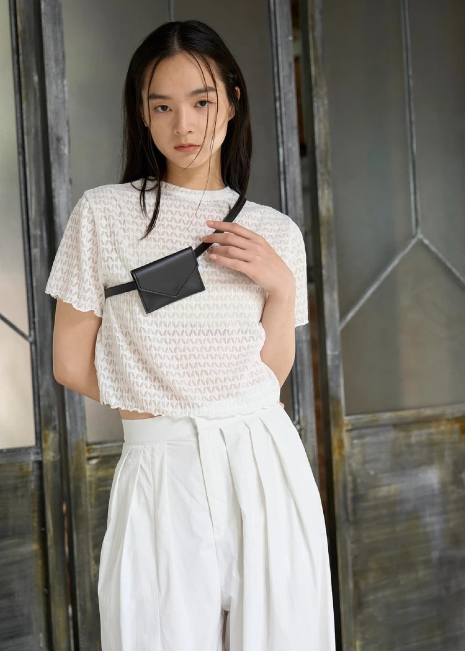 rhomboid stripe sheer T-shirt