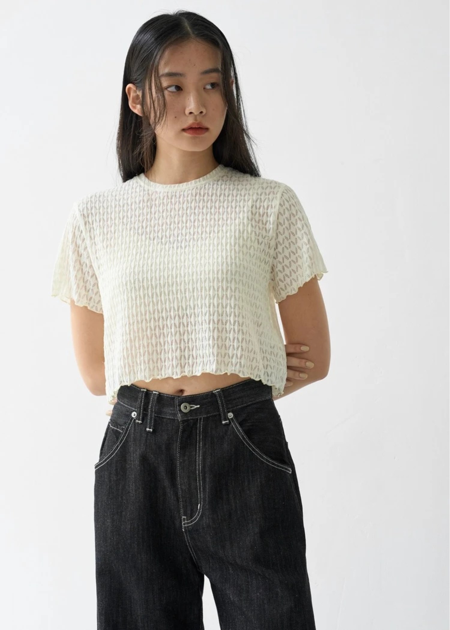 rhomboid stripe sheer T-shirt