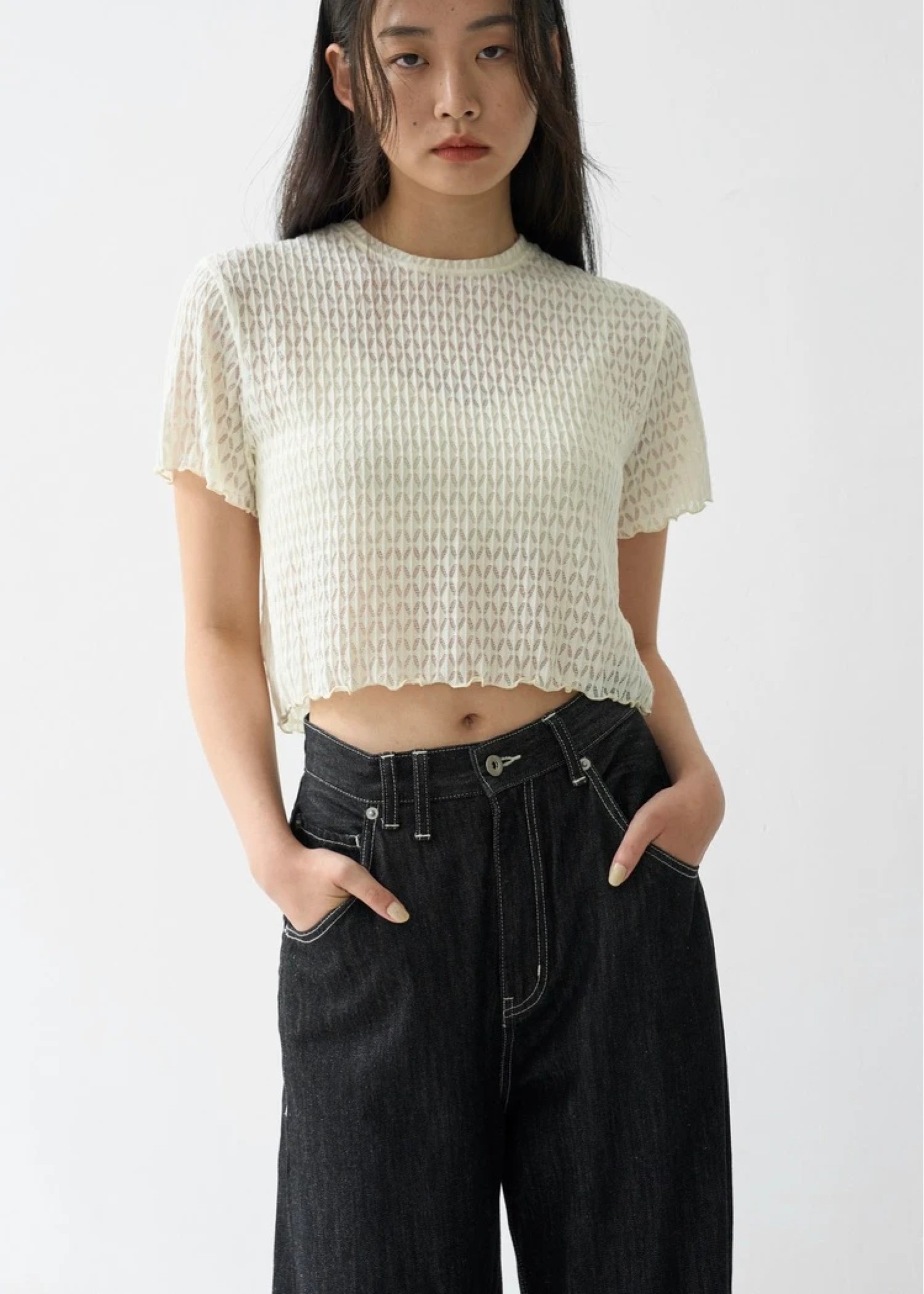 rhomboid stripe sheer T-shirt