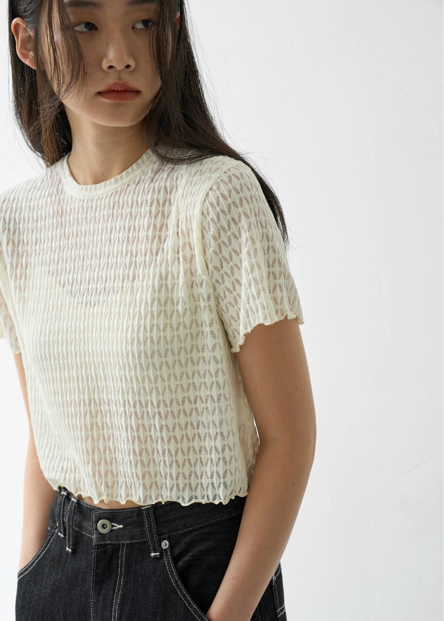 rhomboid stripe sheer T-shirt