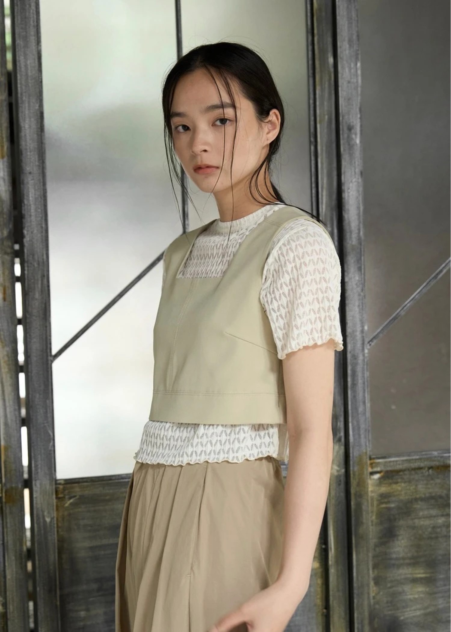 rhomboid stripe sheer T-shirt