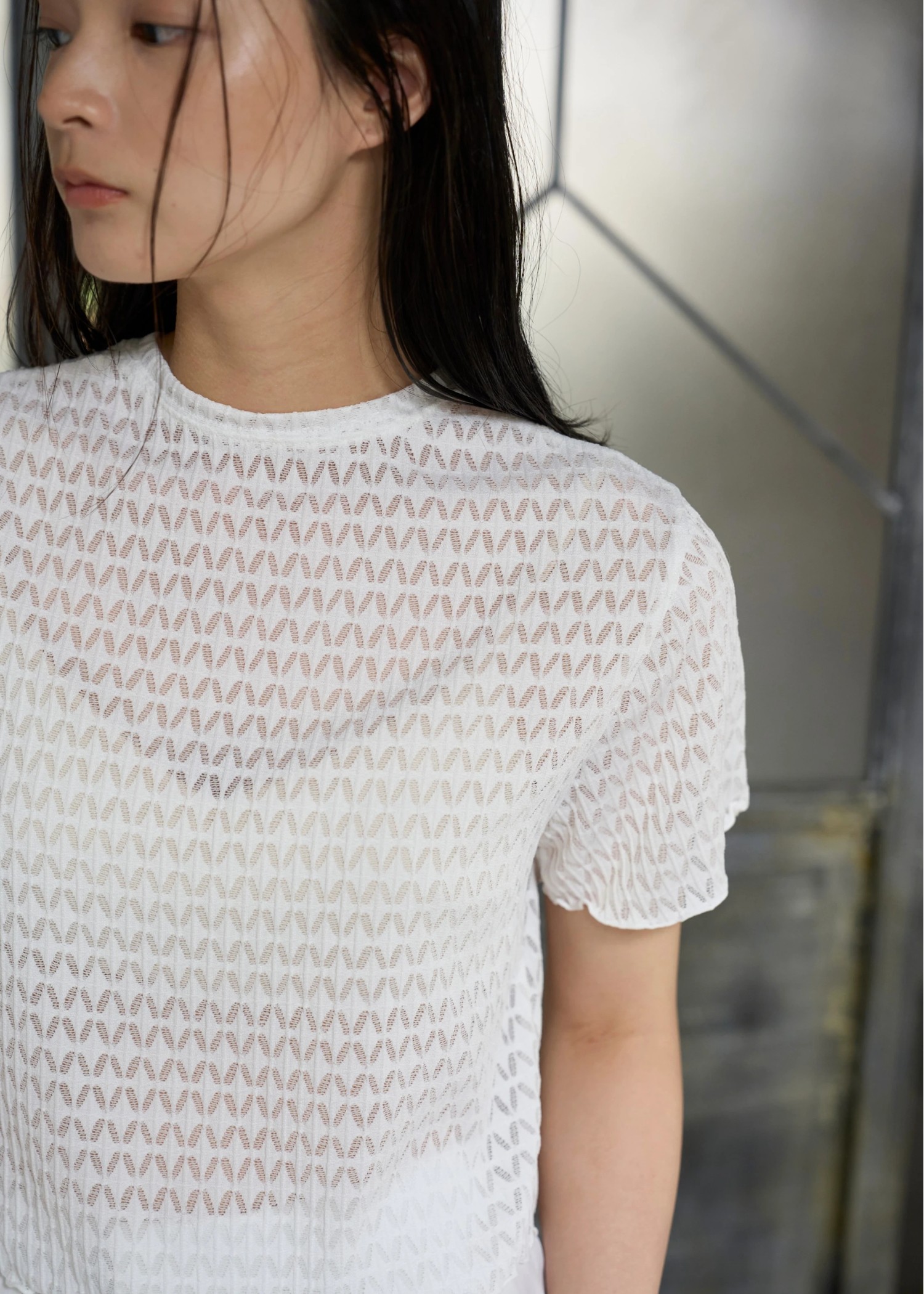 rhomboid stripe sheer T-shirt