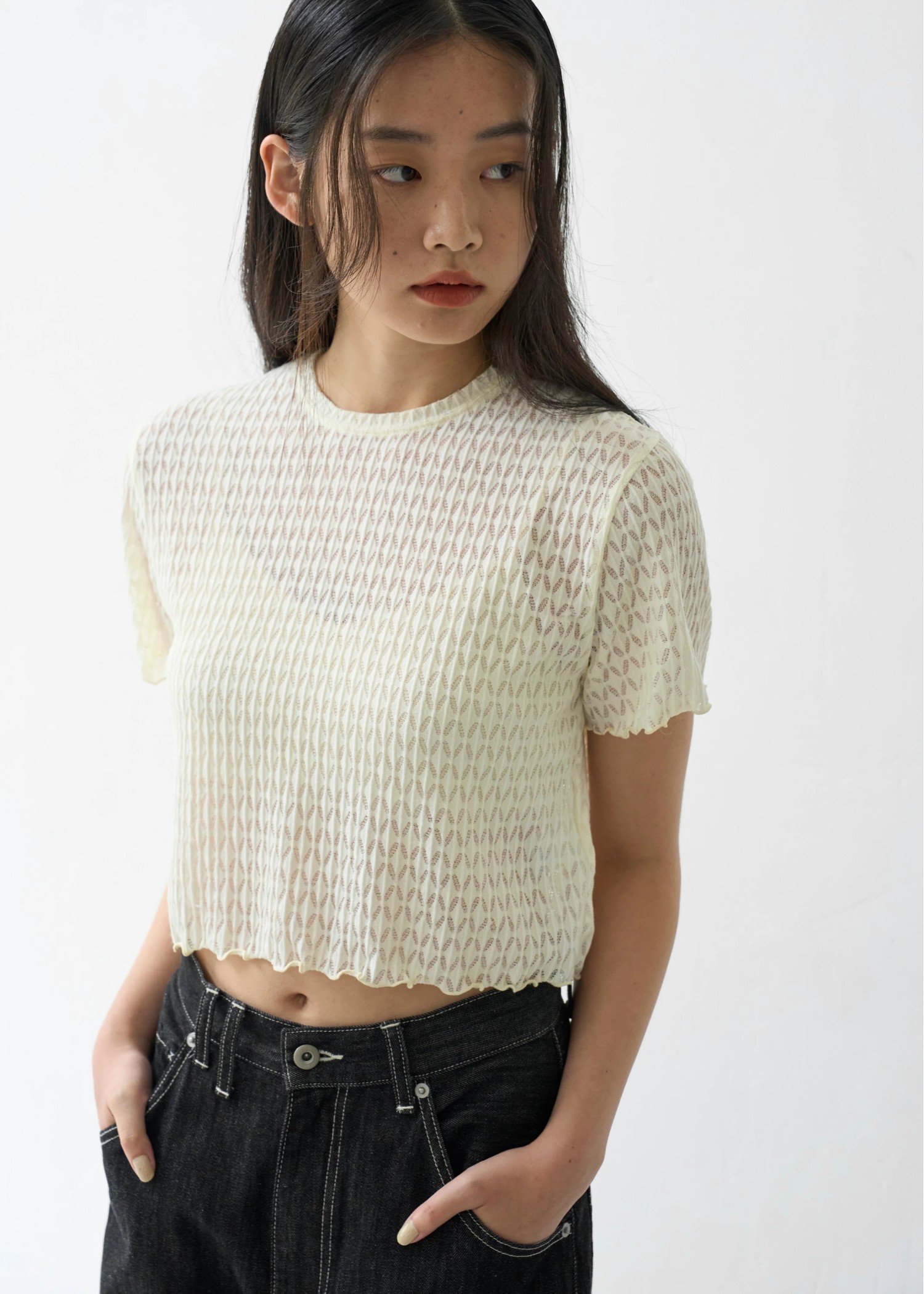 rhomboid stripe sheer T-shirt