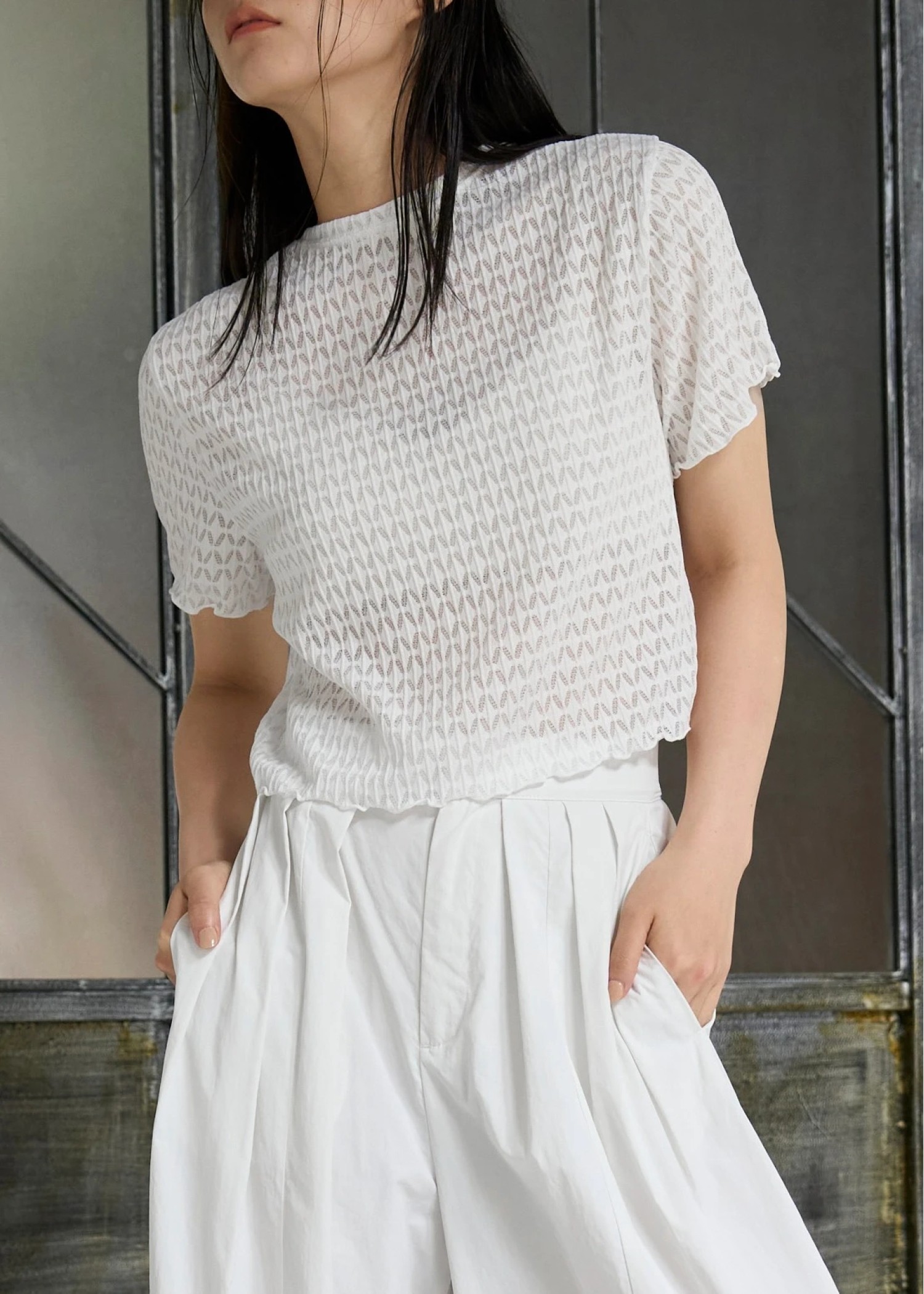 rhomboid stripe sheer T-shirt