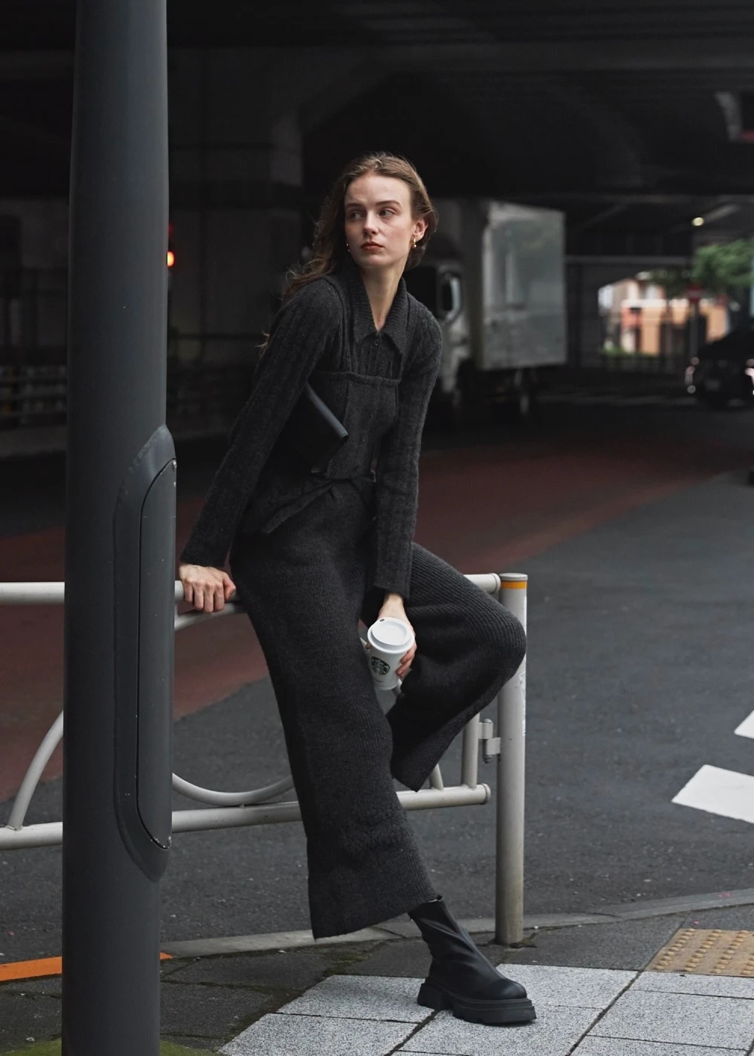 sheer crochet collar knit piping bustier set