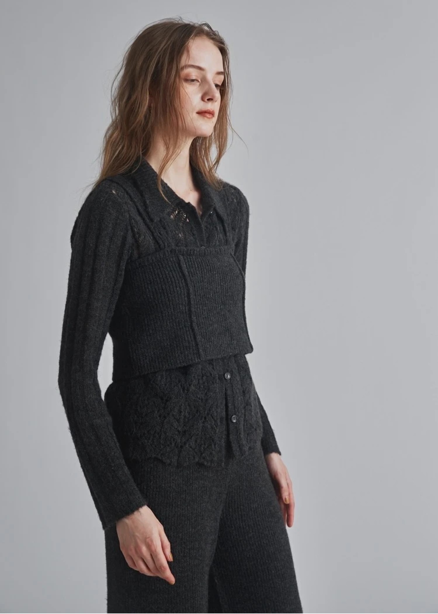 sheer crochet collar knit piping bustier set