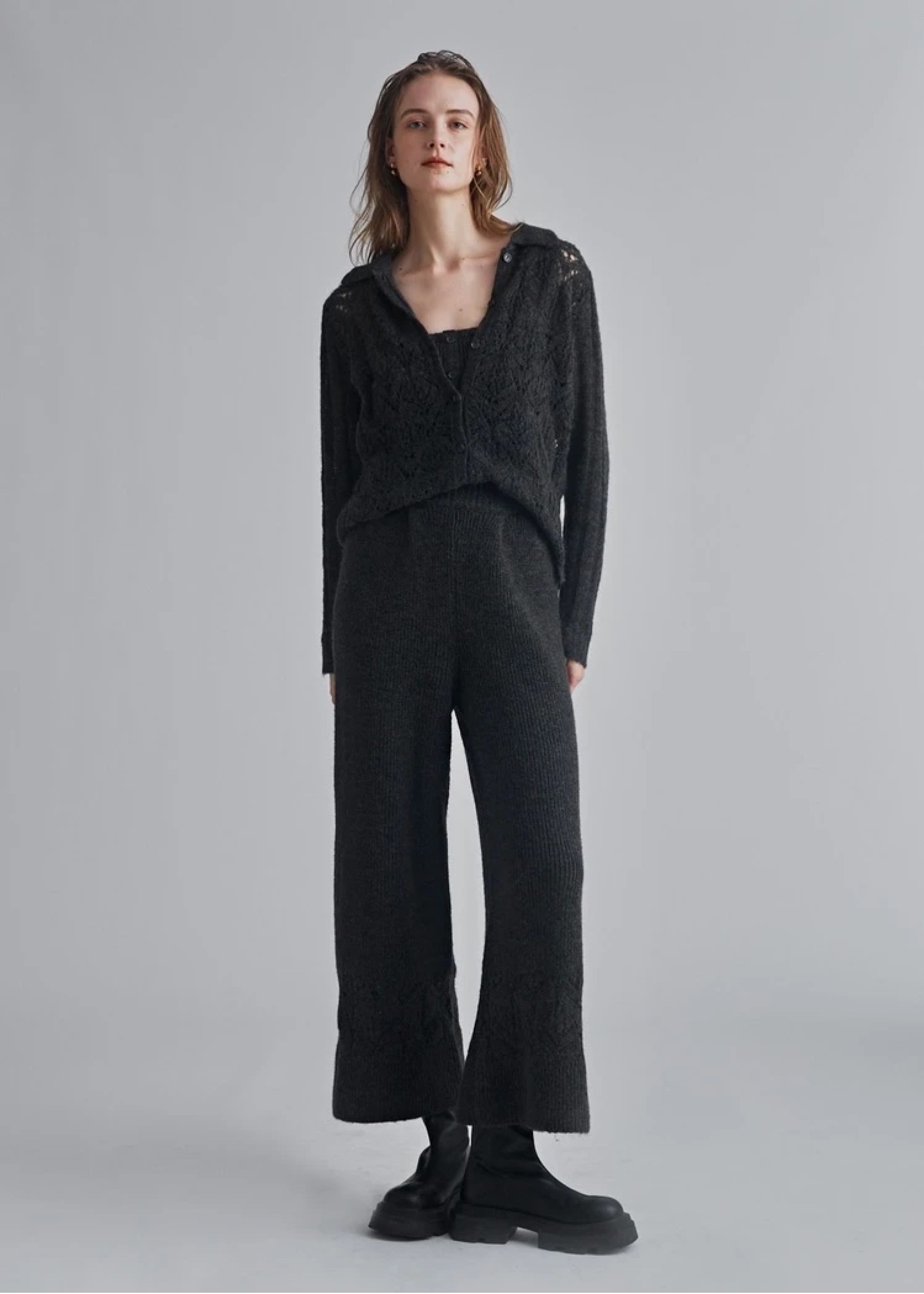 sheer crochet collar knit piping bustier set