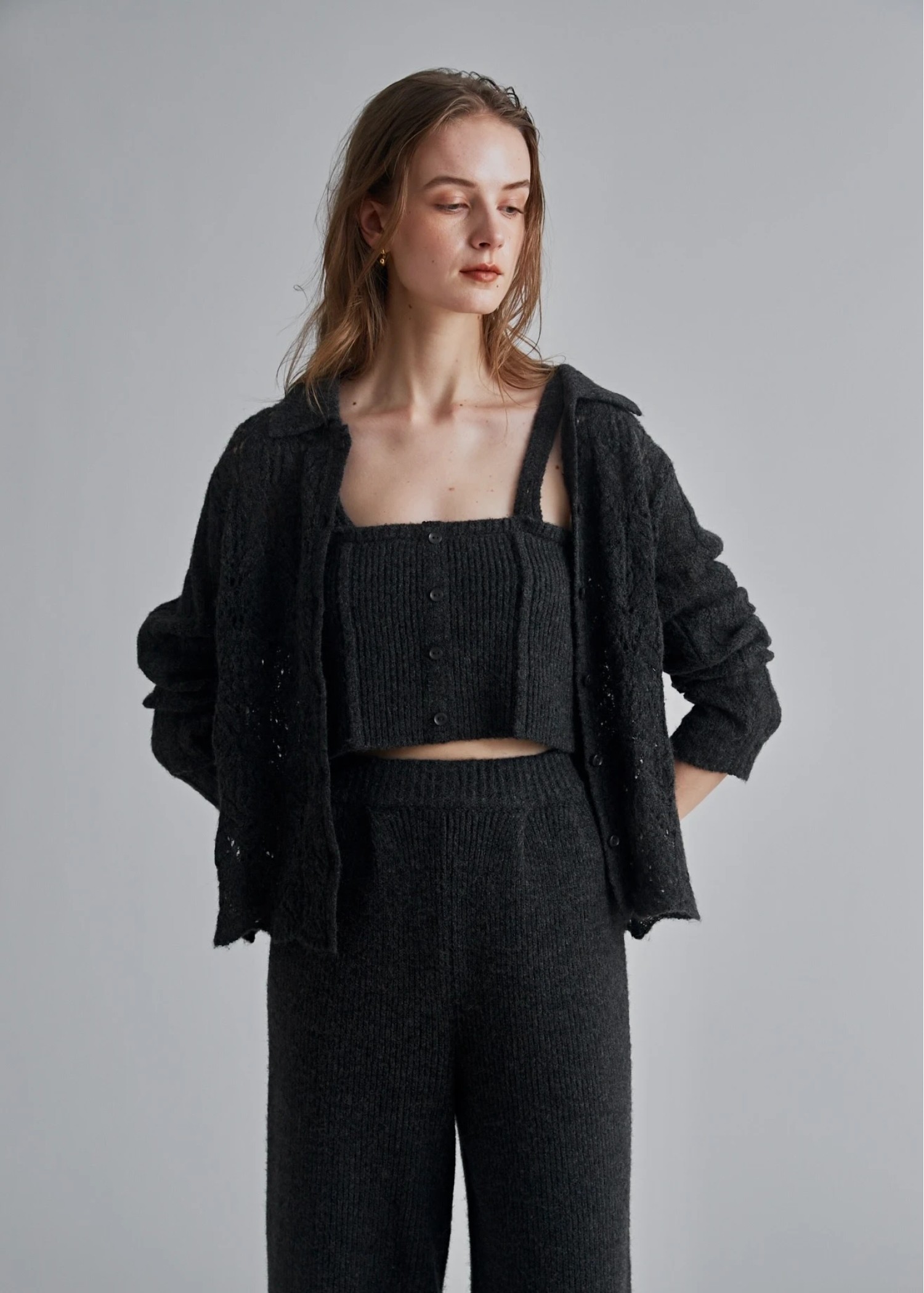 sheer crochet collar knit piping bustier set