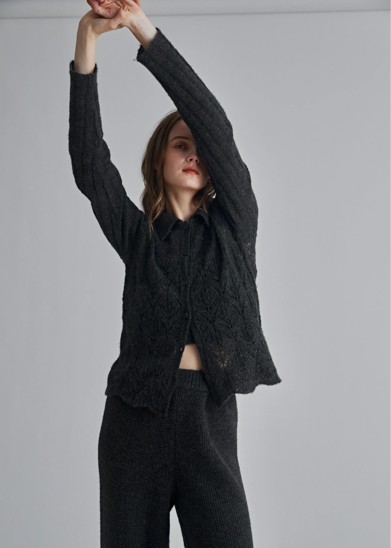 sheer crochet collar knit piping bustier set