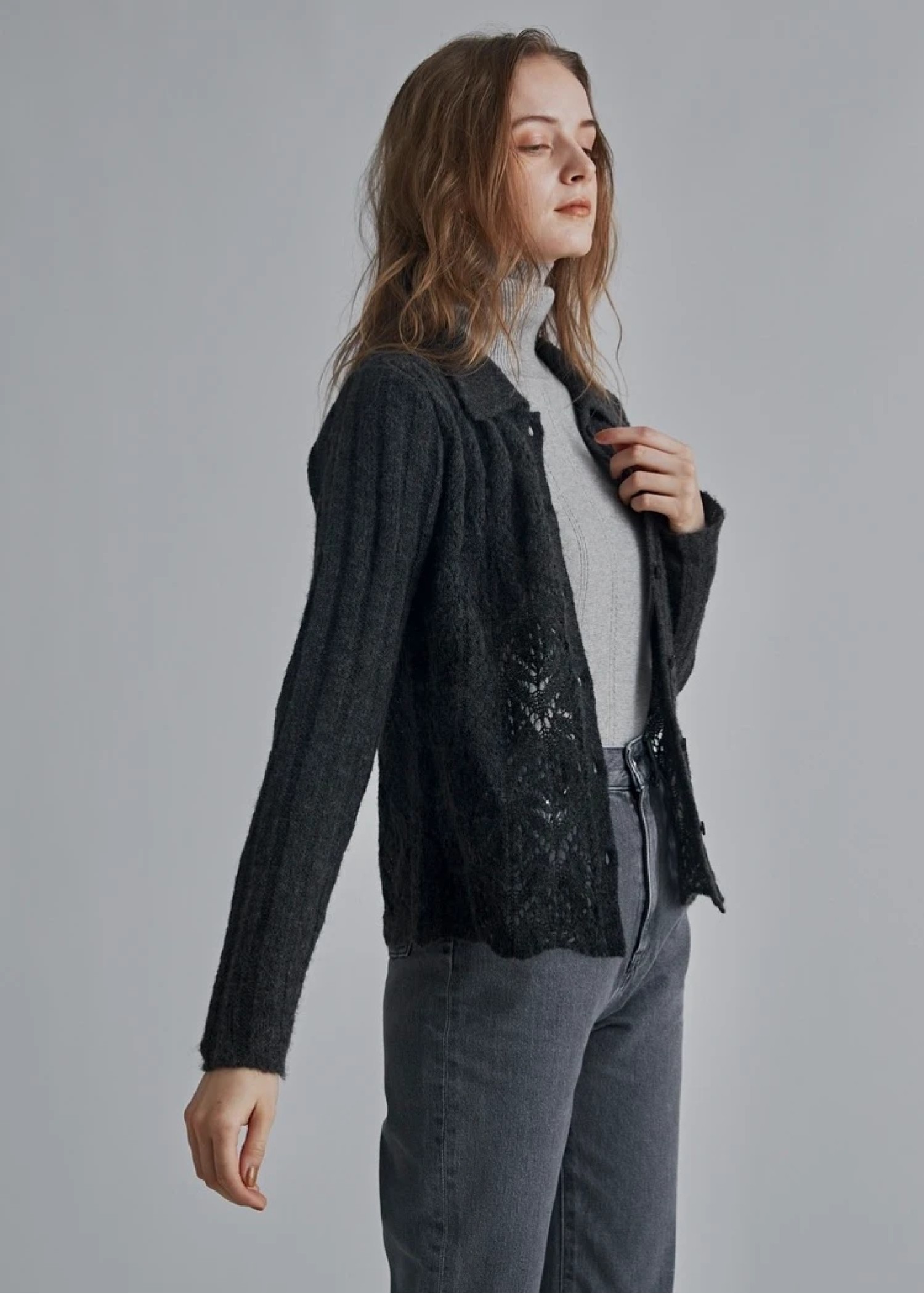 sheer crochet collar knit piping bustier set