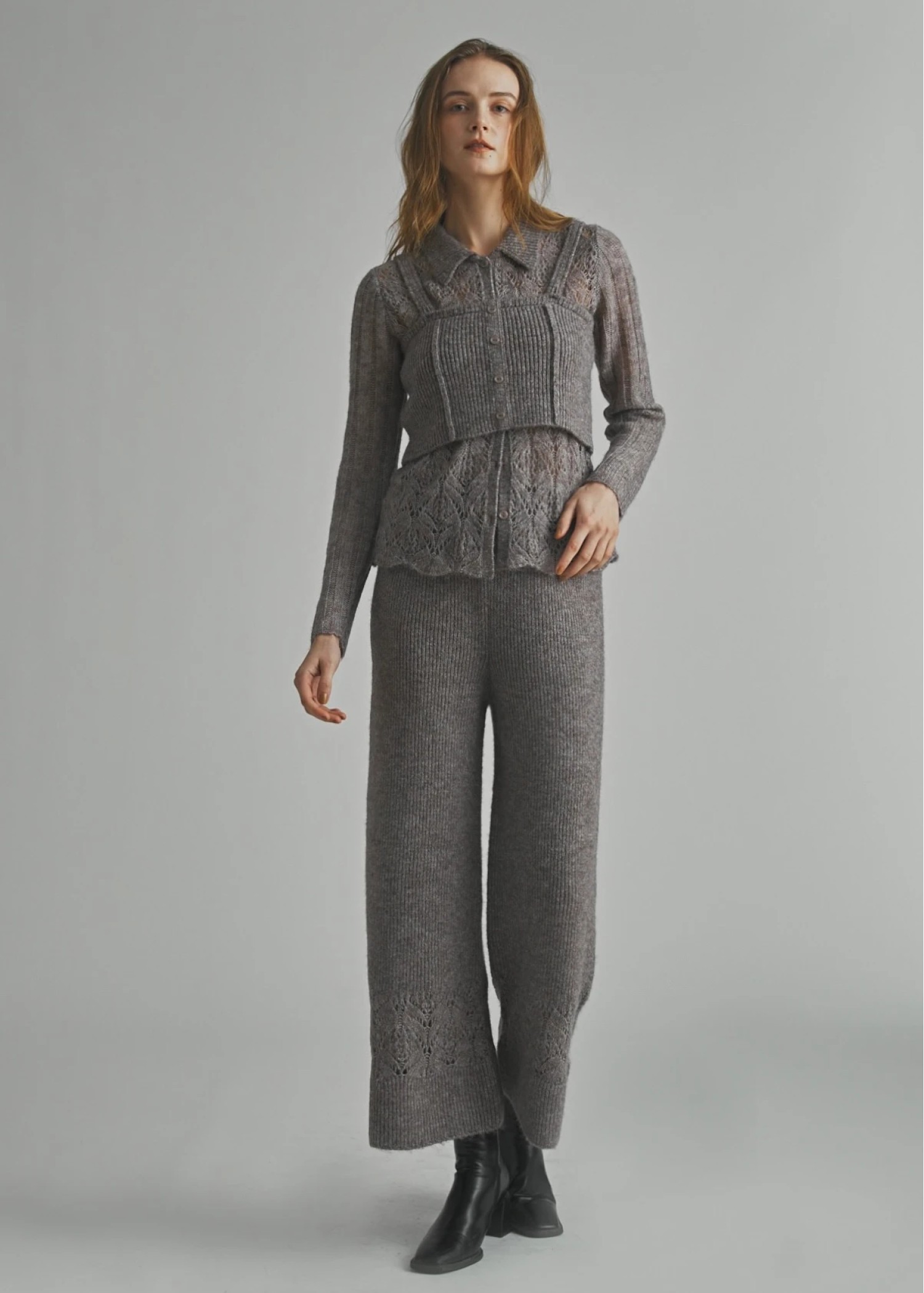 sheer crochet collar knit piping bustier set