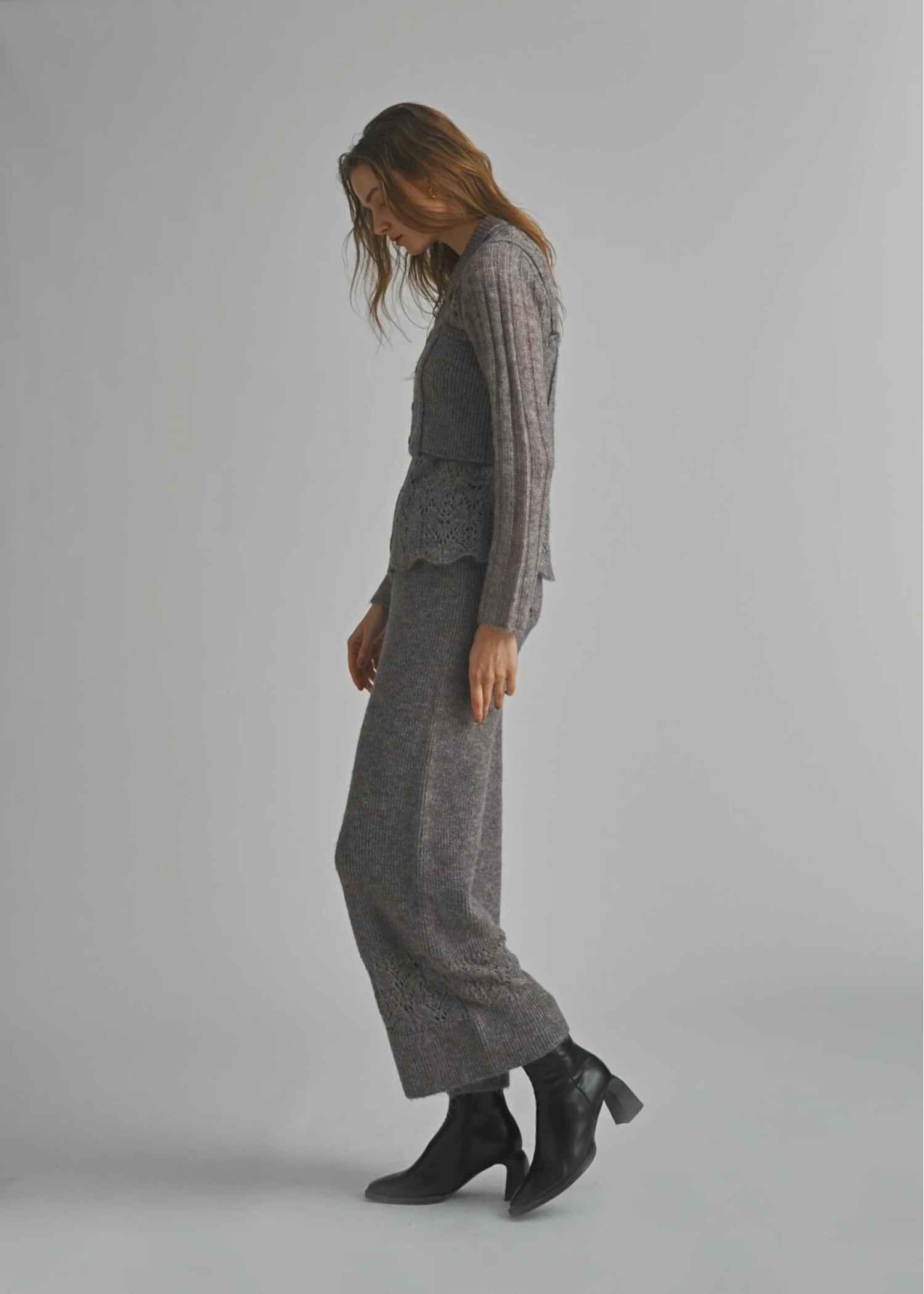 sheer crochet collar knit piping bustier set