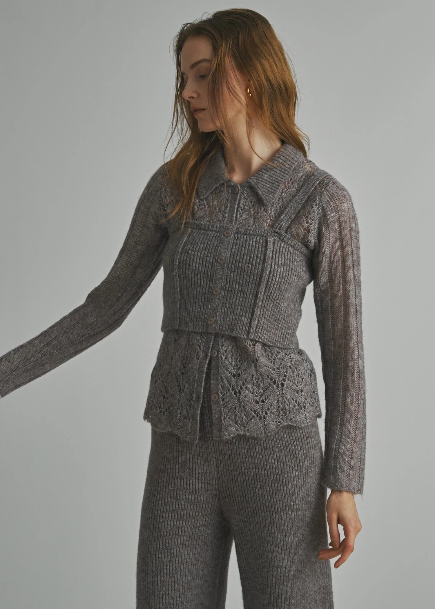 sheer crochet collar knit piping bustier set