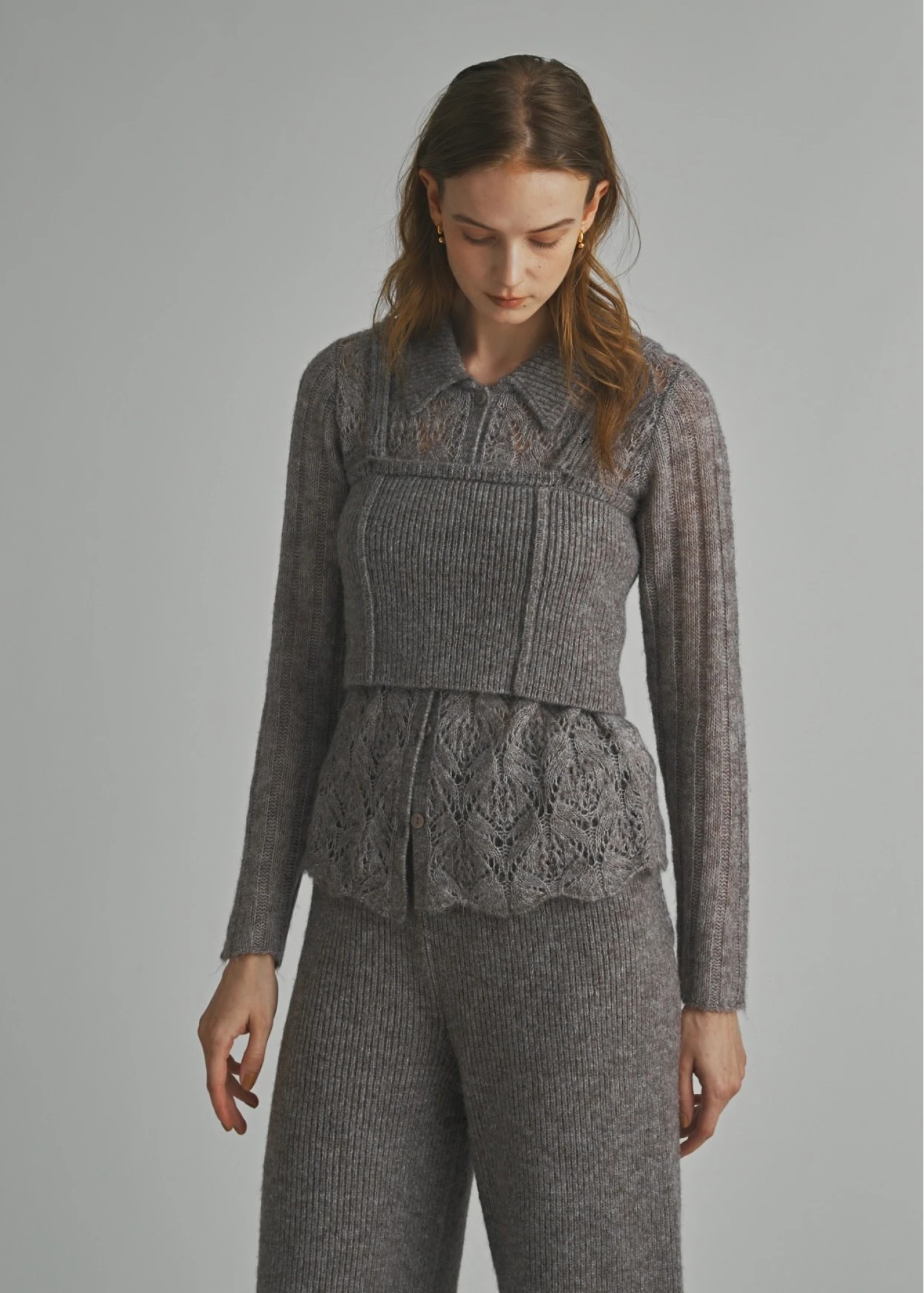 sheer crochet collar knit piping bustier set