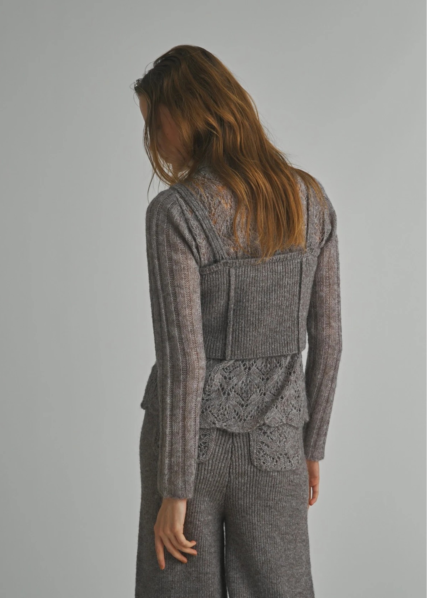 sheer crochet collar knit piping bustier set