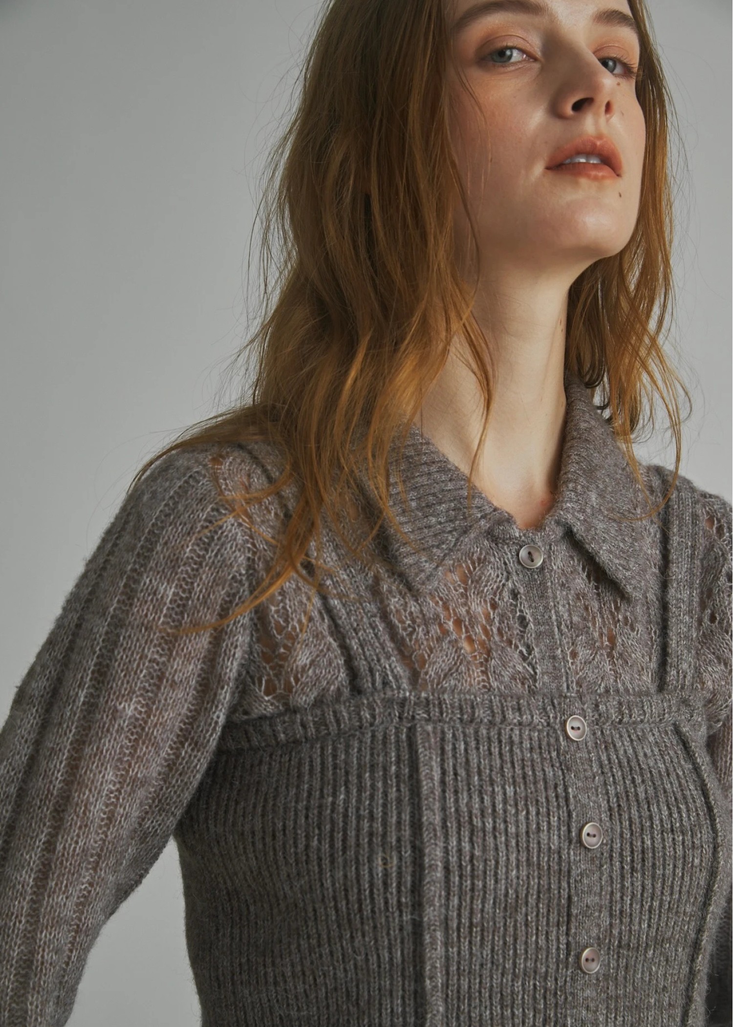 sheer crochet collar knit piping bustier set