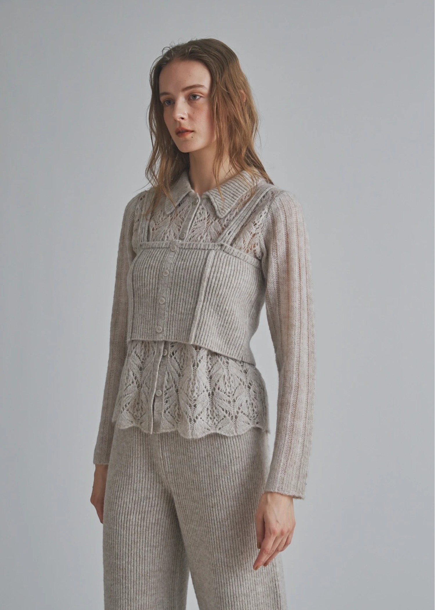 sheer crochet collar knit piping bustier set