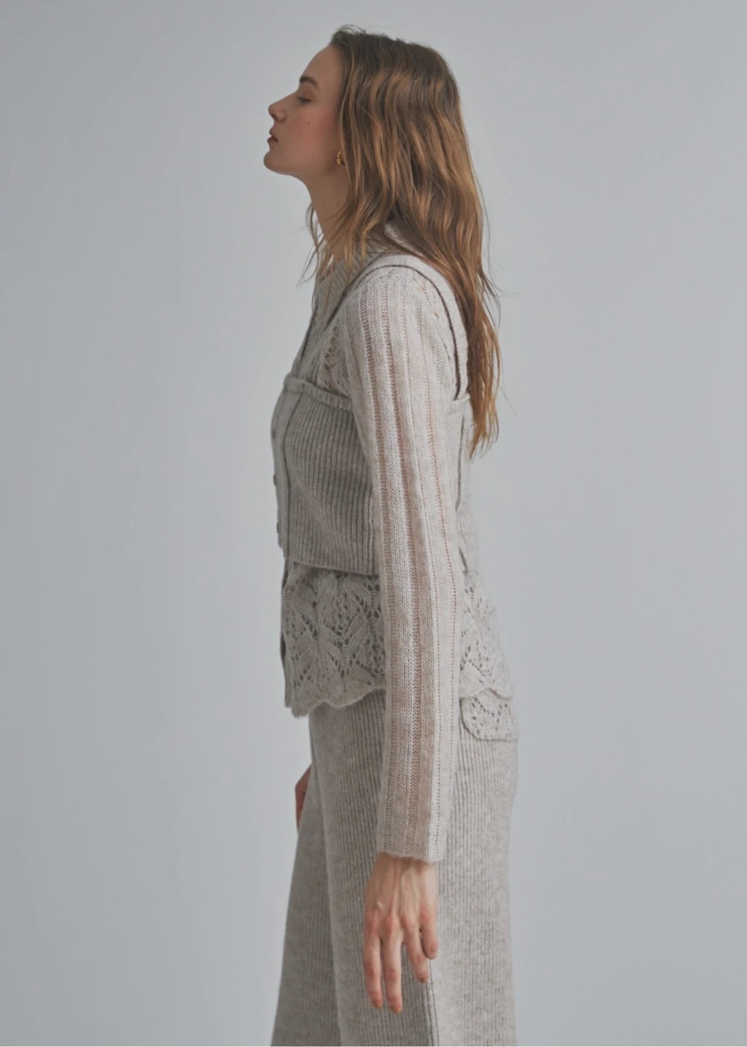 sheer crochet collar knit piping bustier set