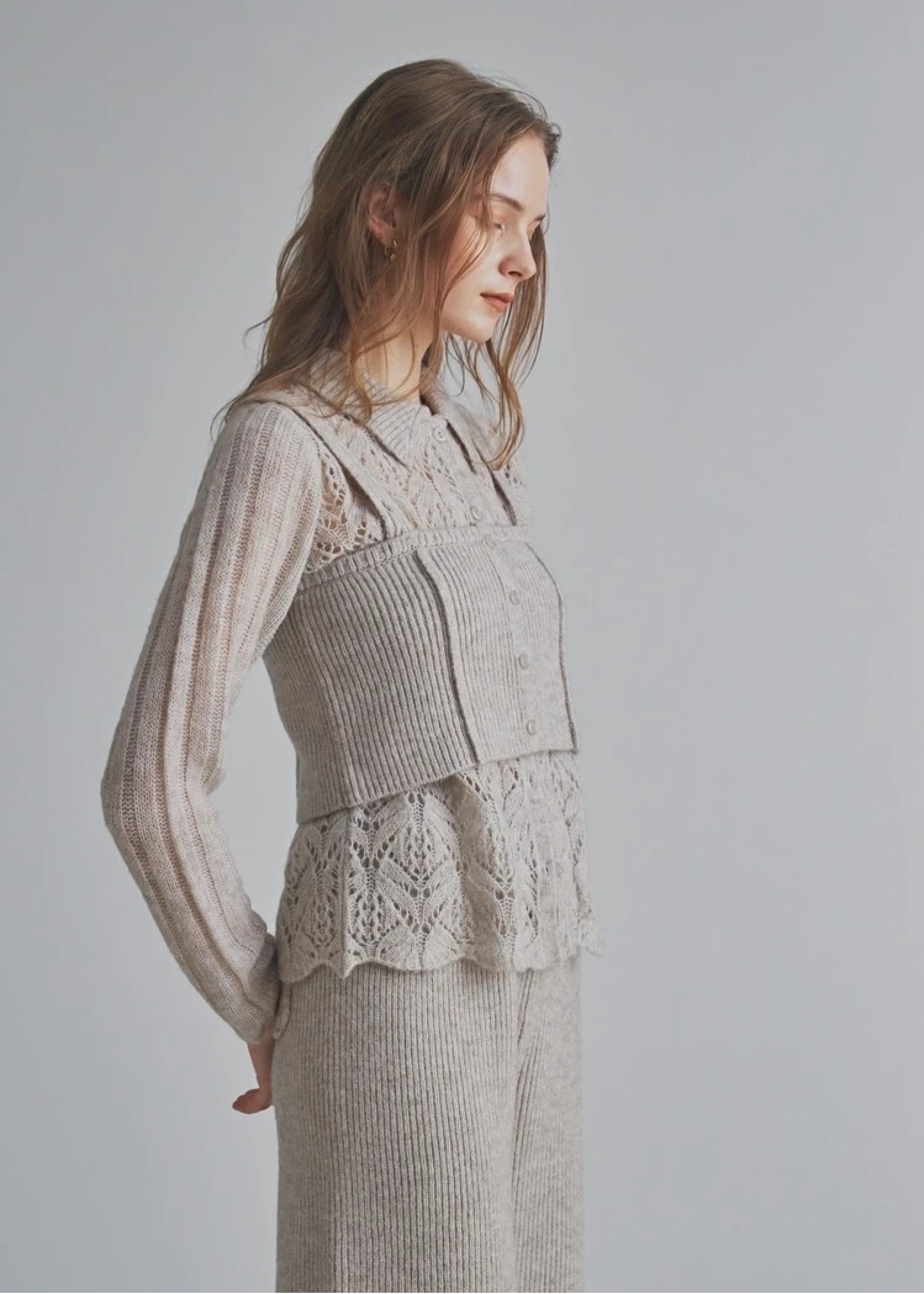 sheer crochet collar knit piping bustier set