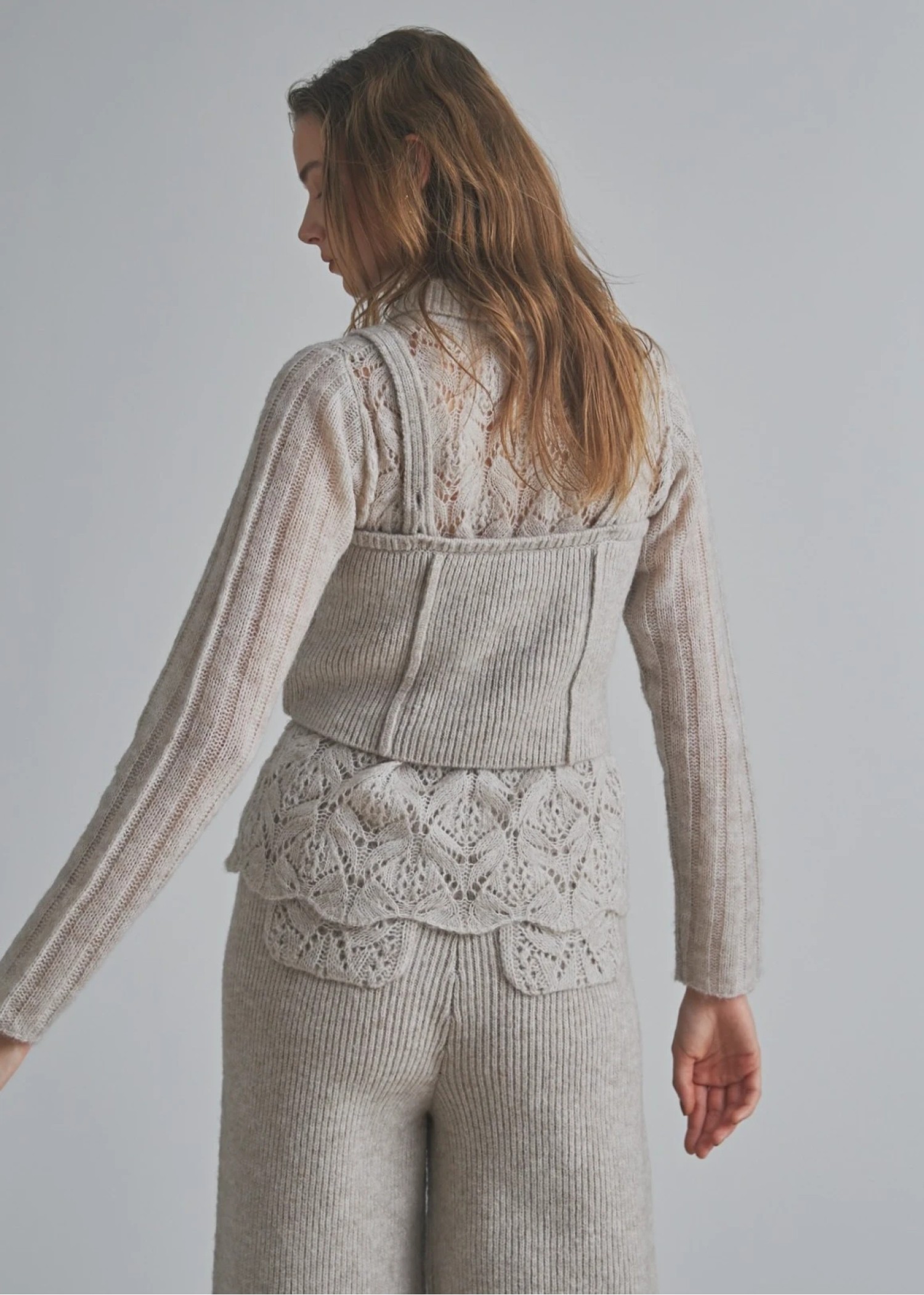 sheer crochet collar knit piping bustier set