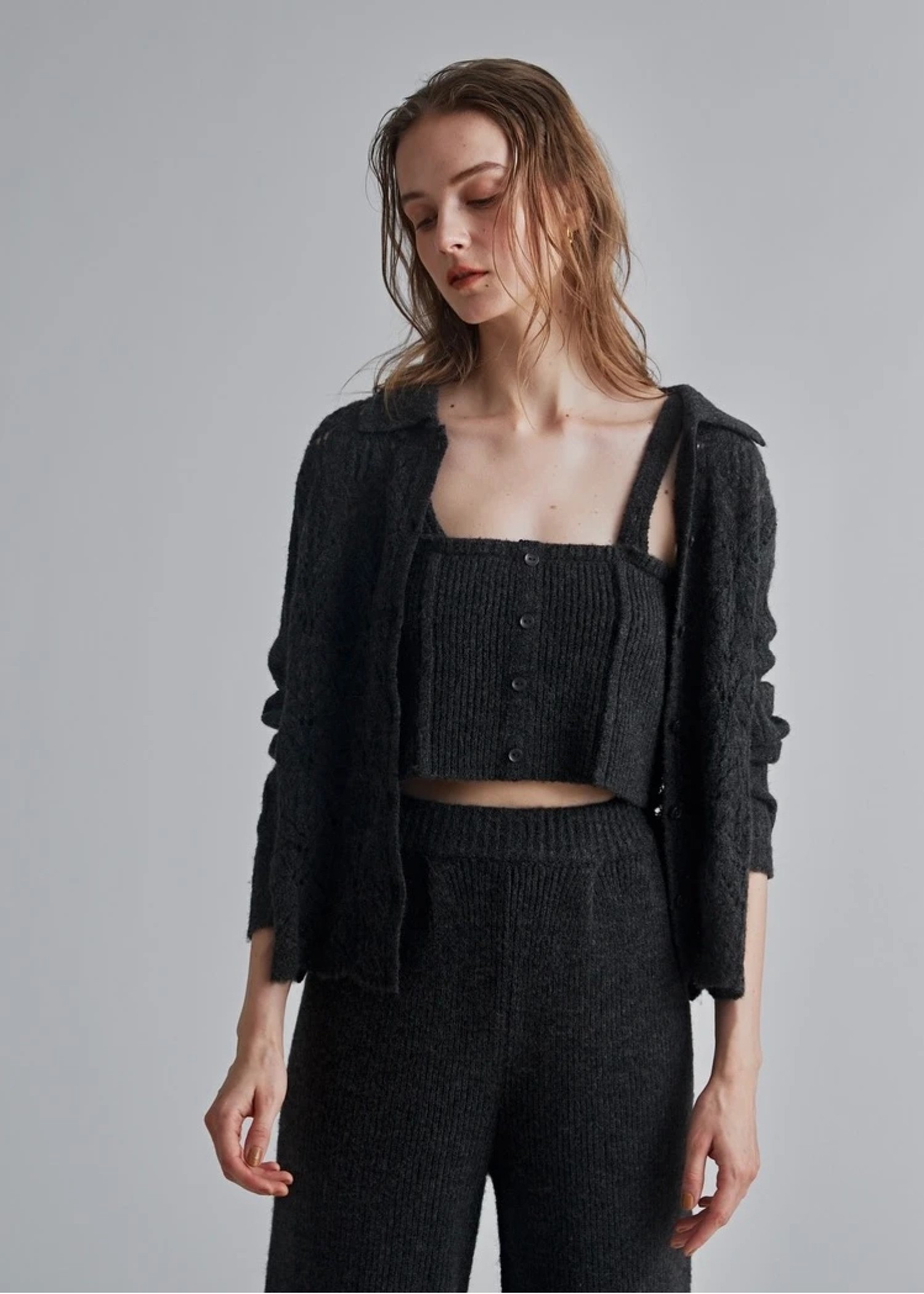 sheer crochet collar knit piping bustier set