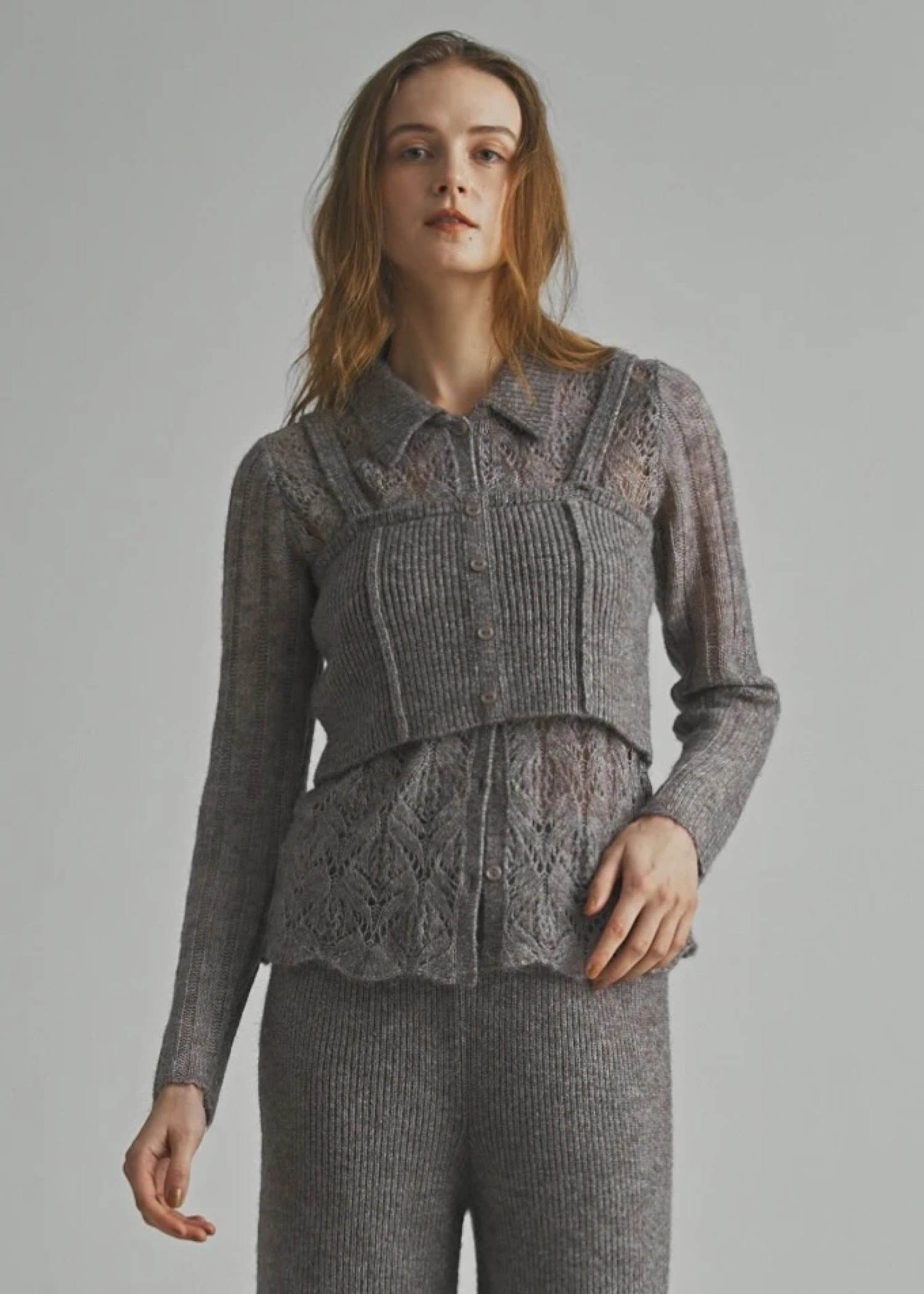 sheer crochet collar knit piping bustier set