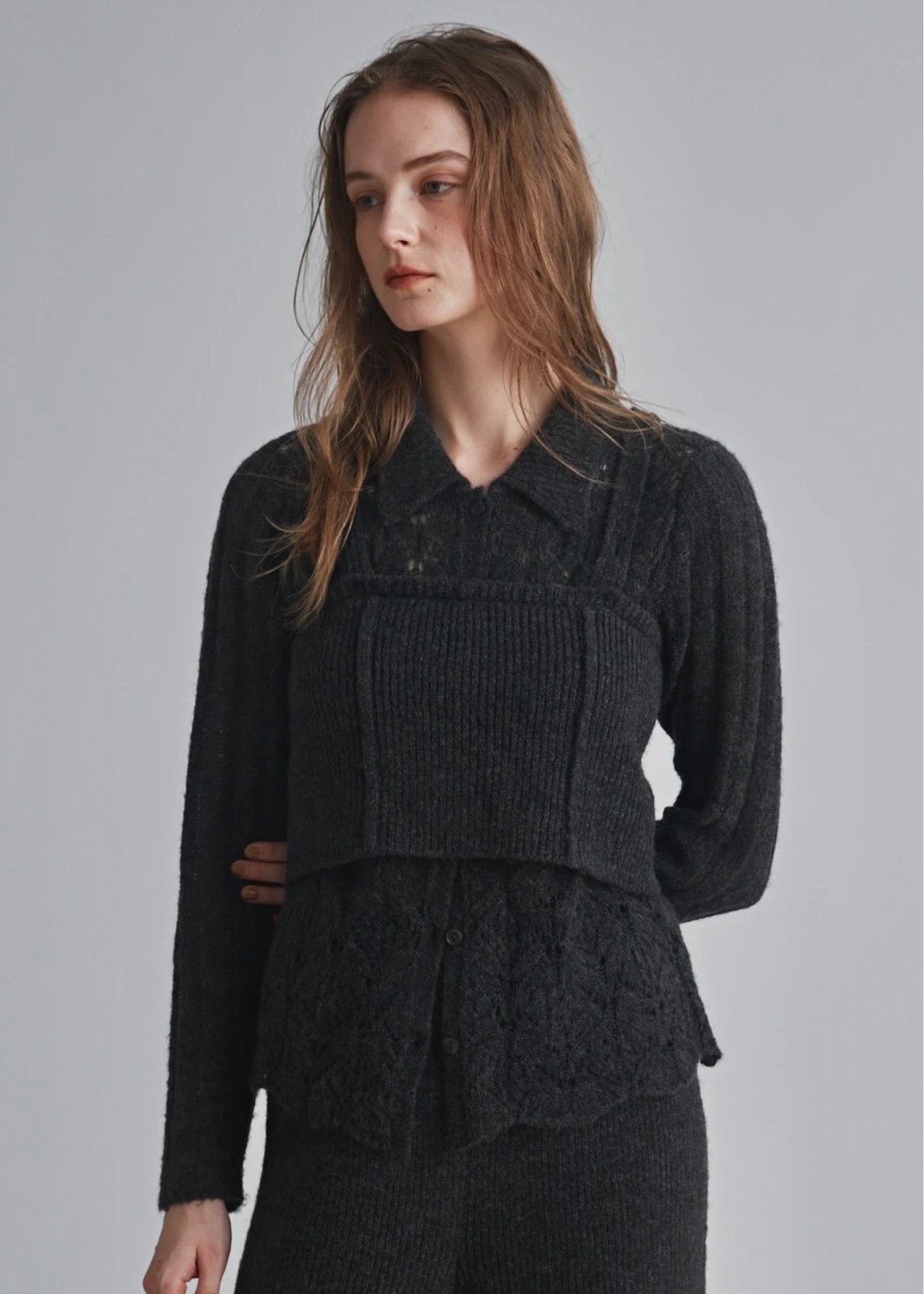 sheer crochet collar knit piping bustier set