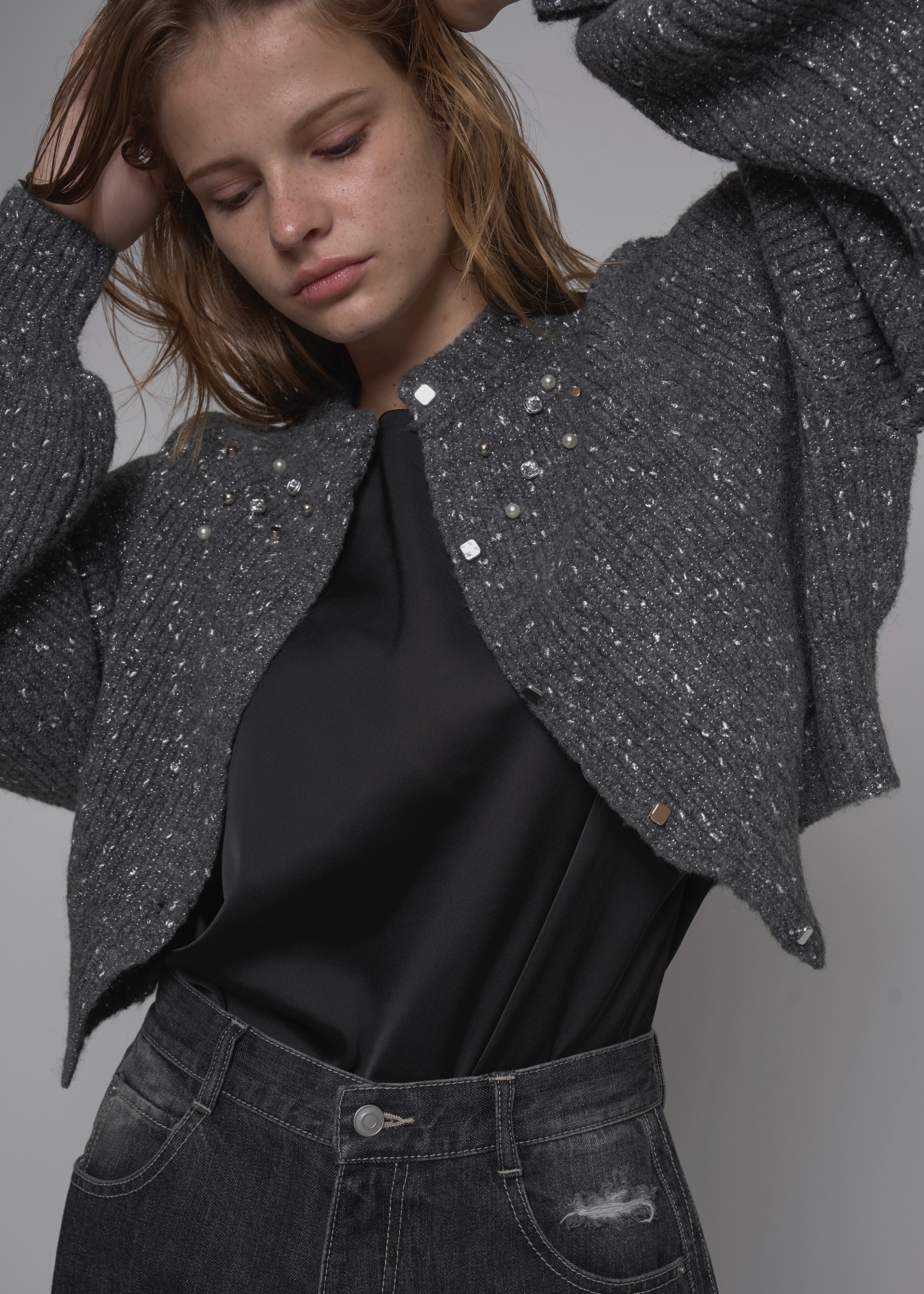 silver yarn studs bijou volume sleeve knit