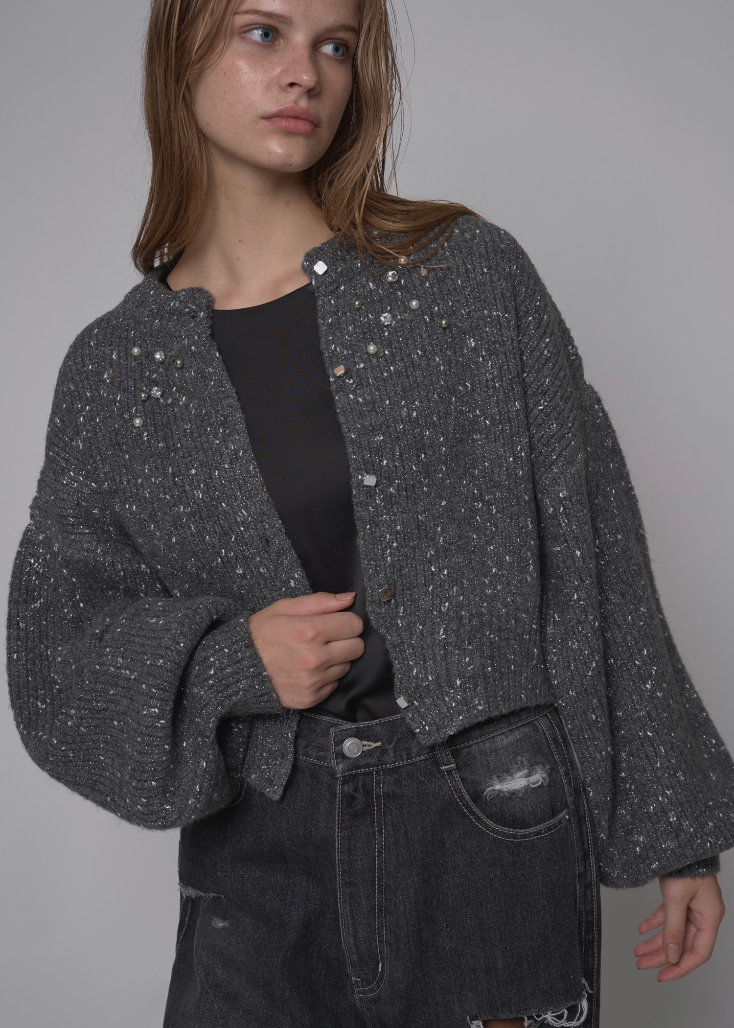 silver yarn studs bijou volume sleeve knit