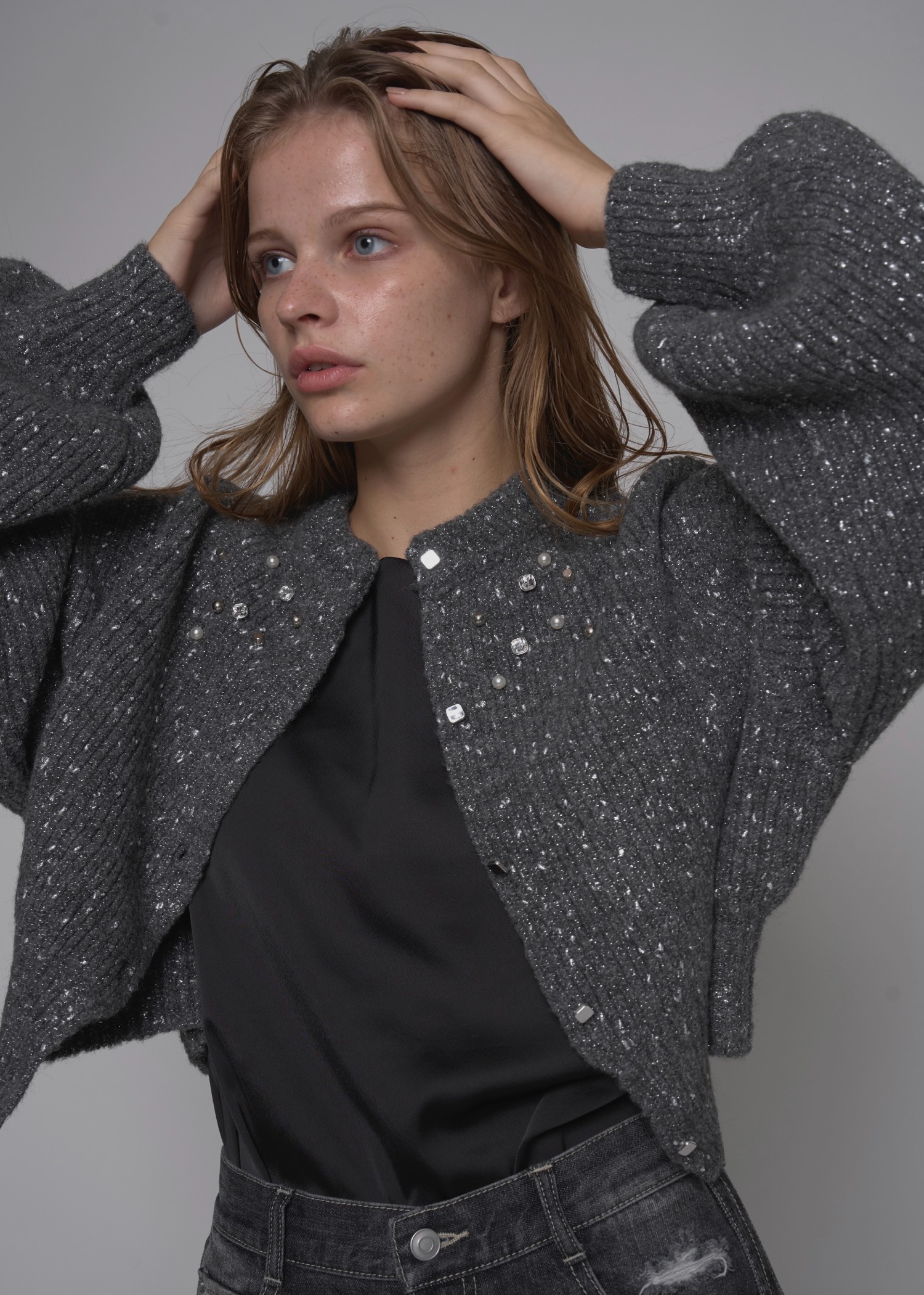 silver yarn studs bijou volume sleeve knit