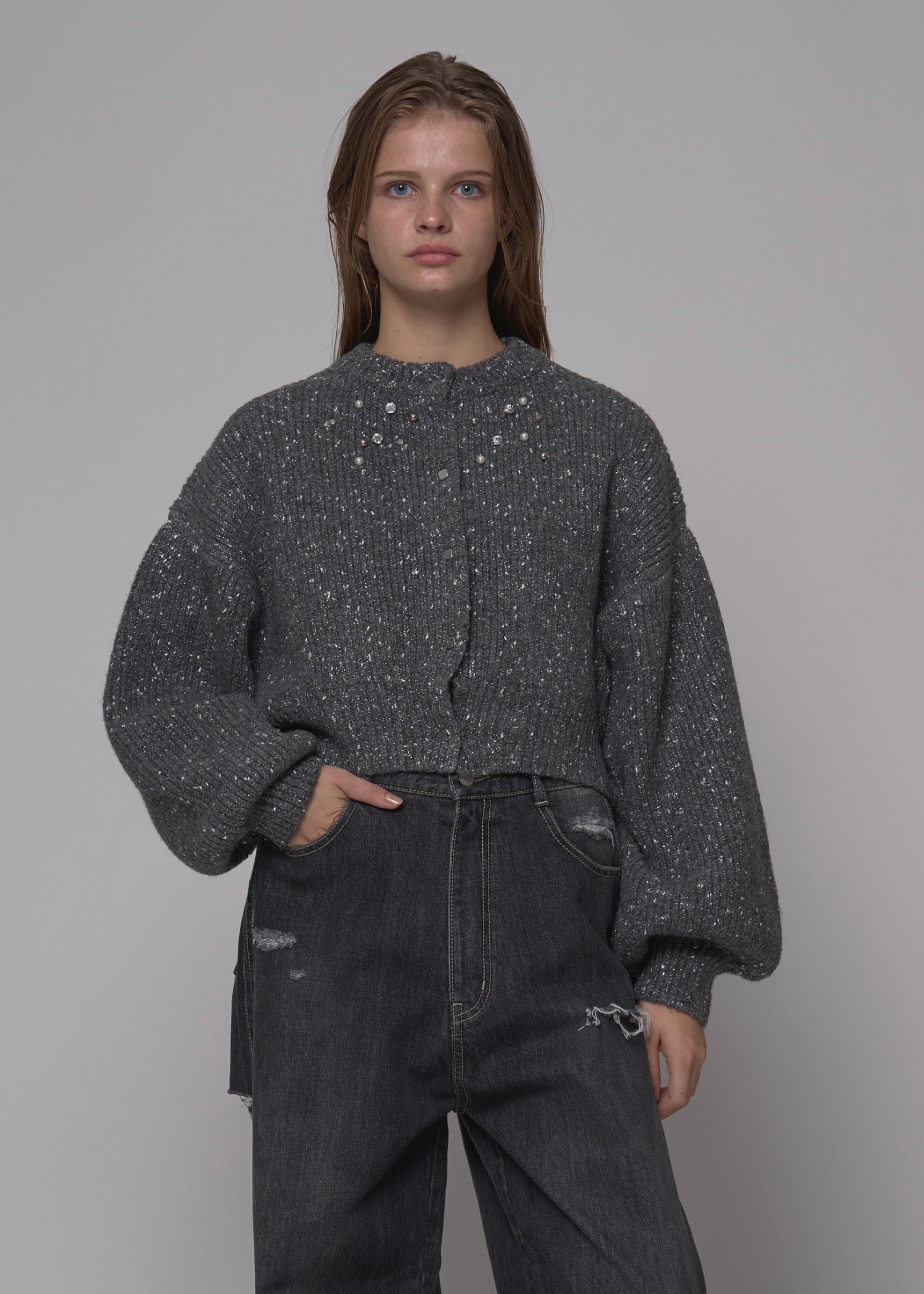 silver yarn studs bijou volume sleeve knit