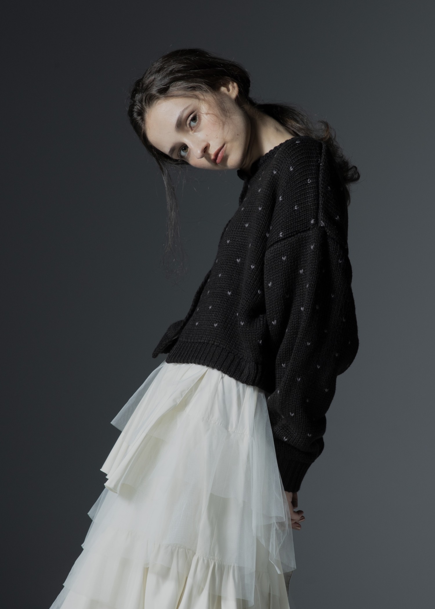 heart dot jacquard reversible cropped knit cardigan