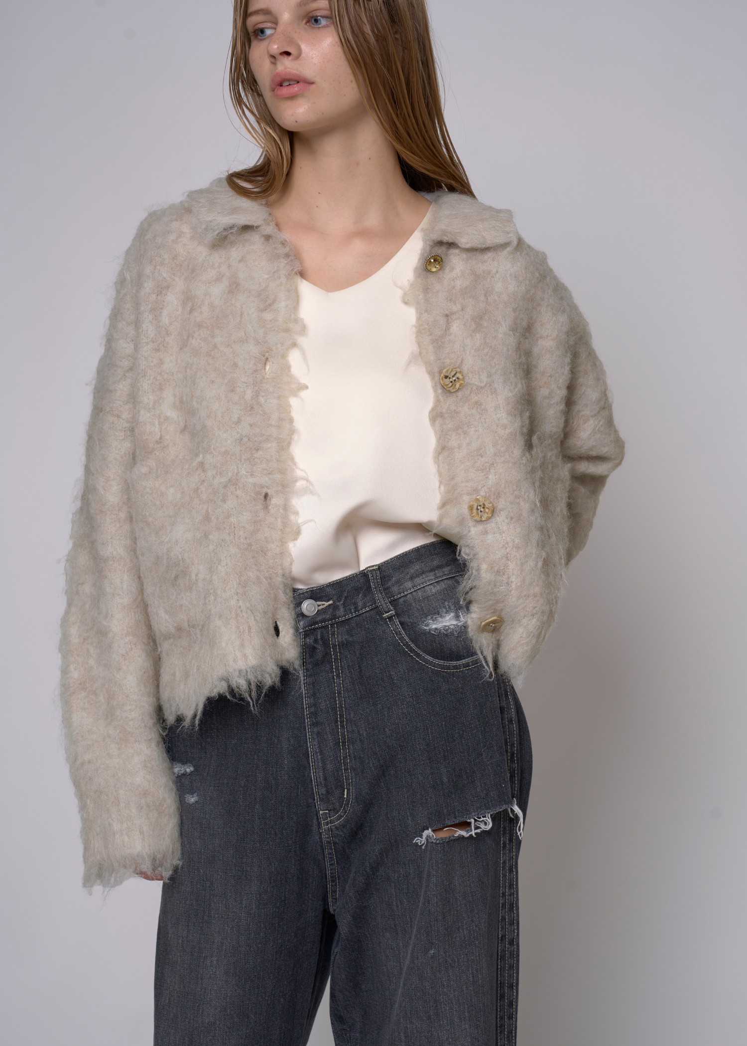 reversible brushed lightly knit cardigan