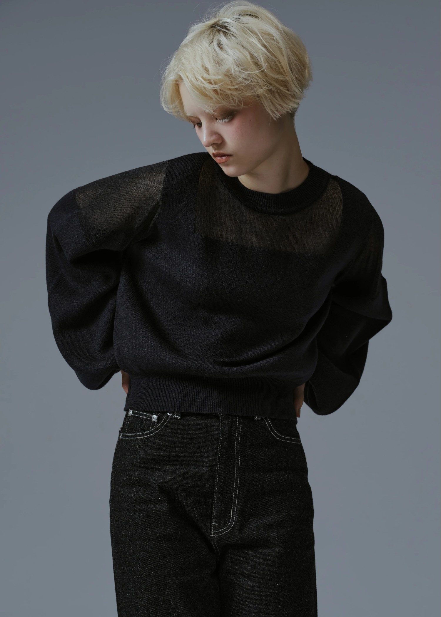 decollete sheer deployment volume sleeve knit