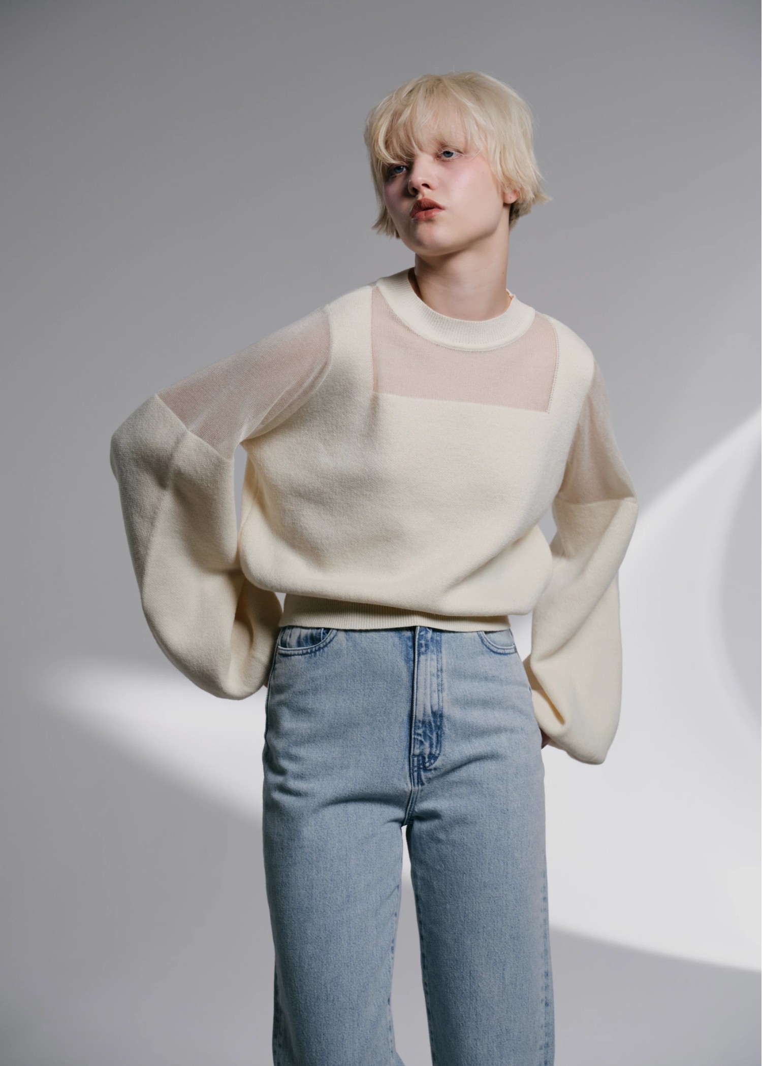 decollete sheer deployment volume sleeve knit