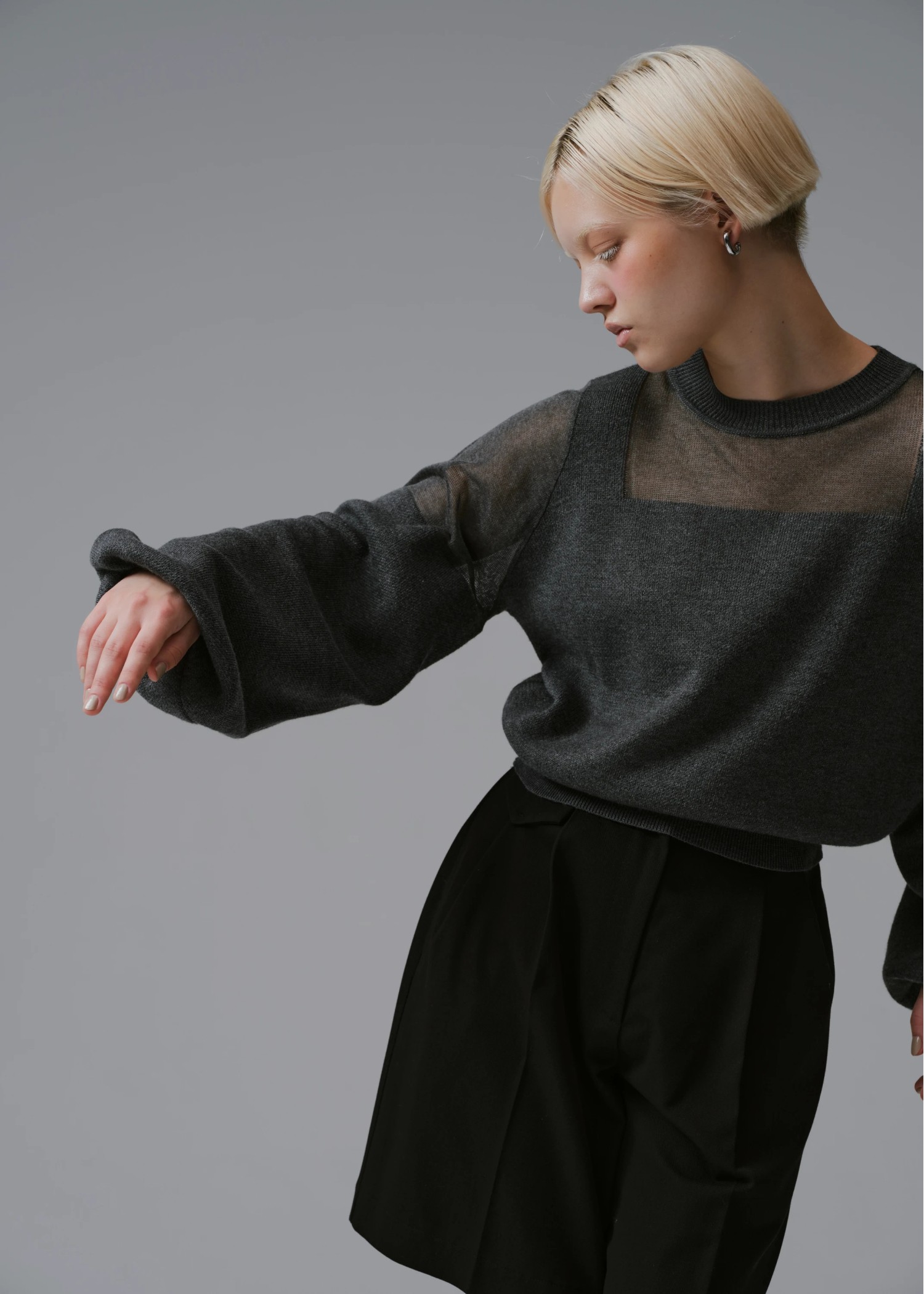 decollete sheer deployment volume sleeve knit