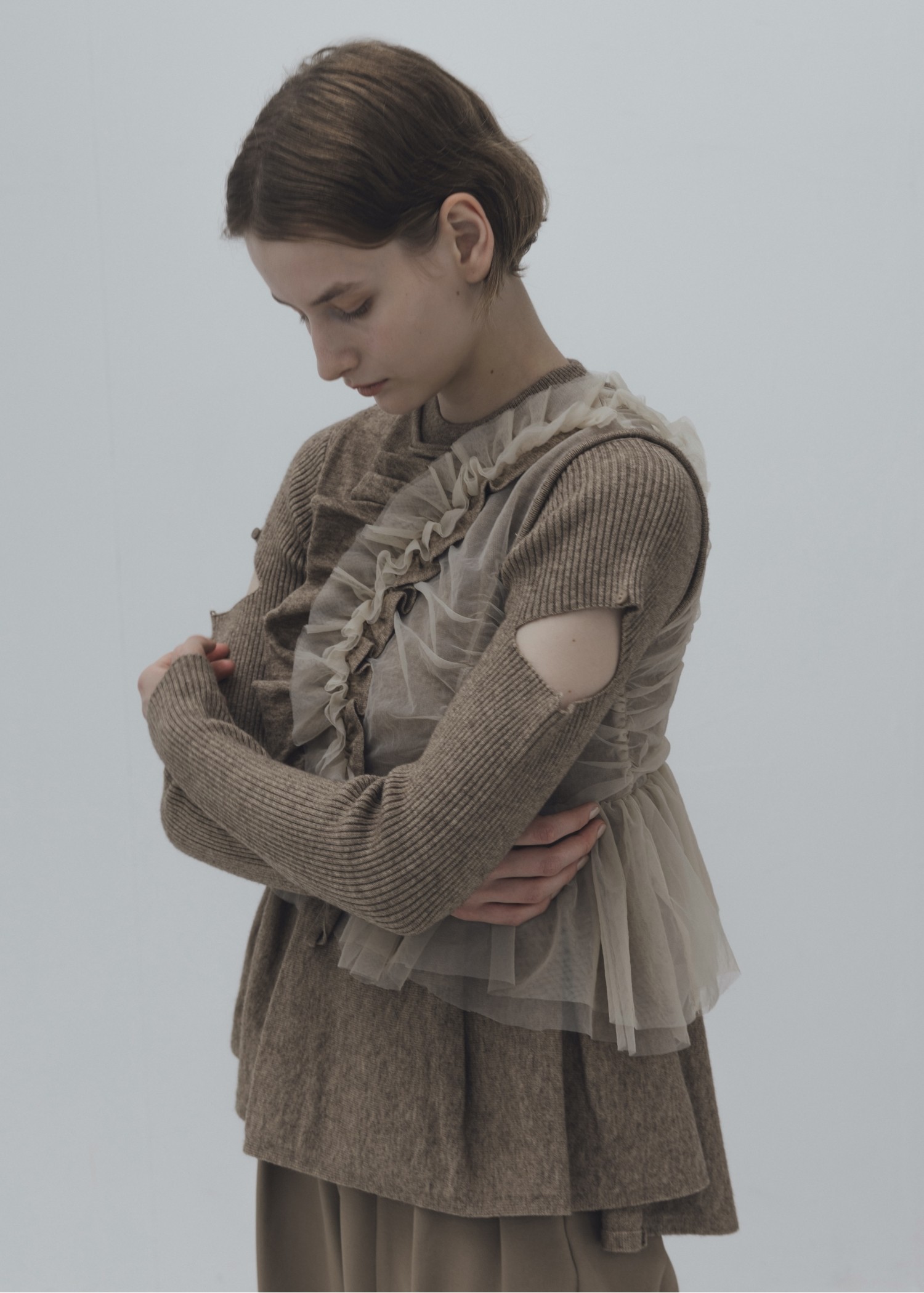 freely gather frill tulle combination no sleeve knit