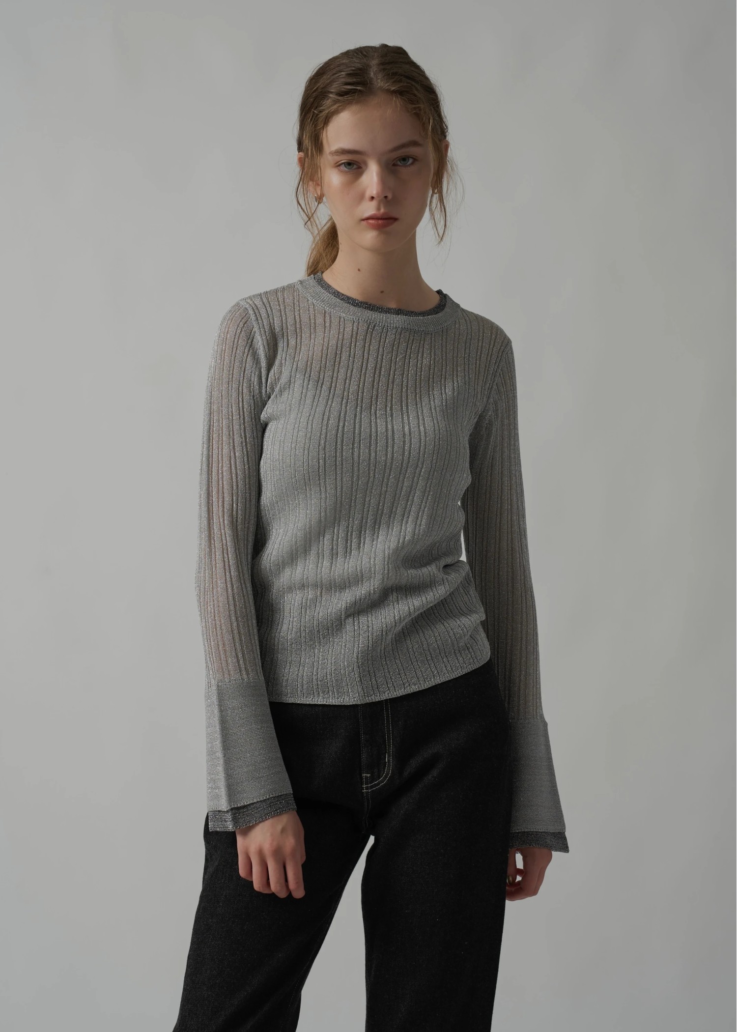 double flare sleeve lame rib knit