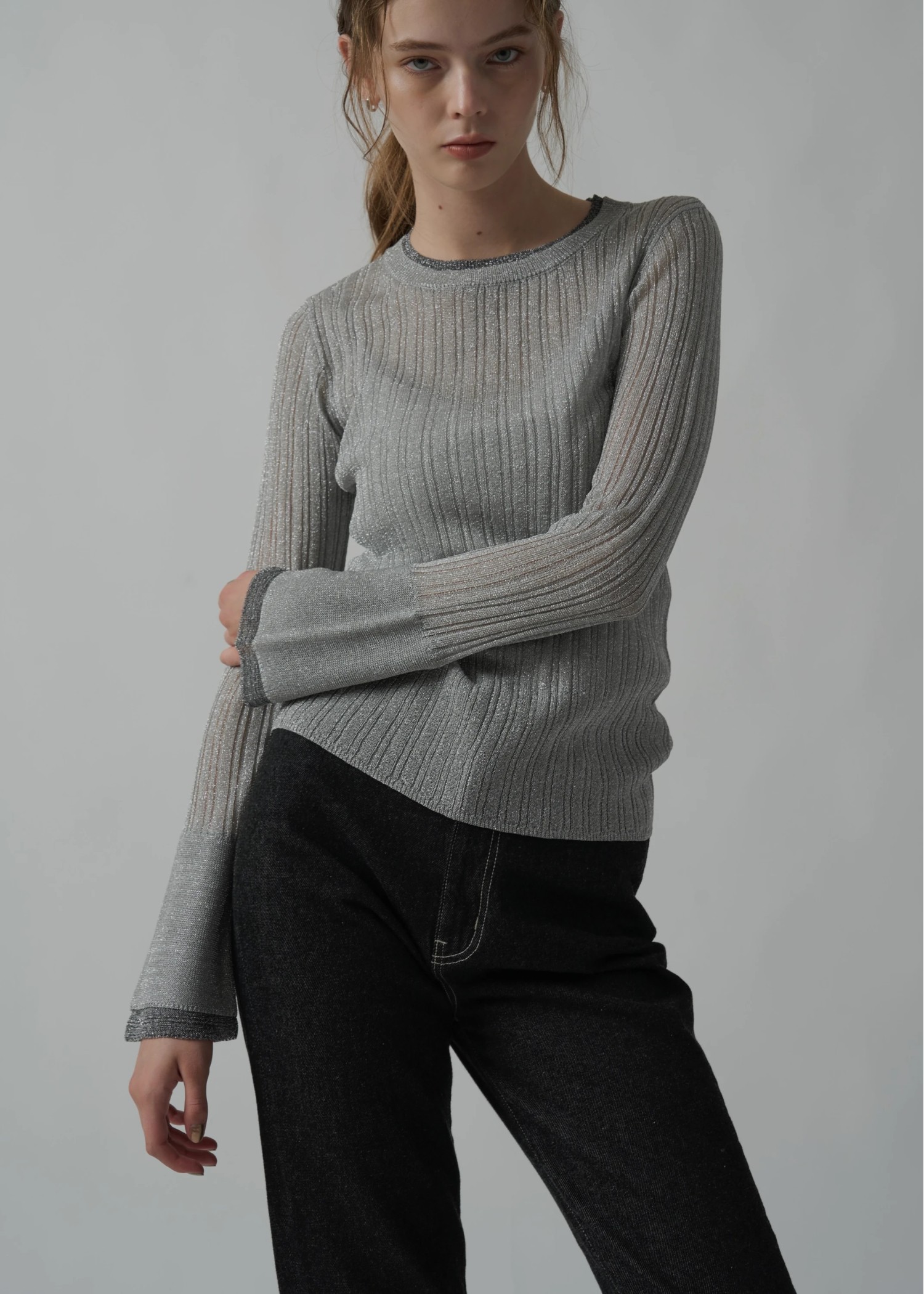 double flare sleeve lame rib knit