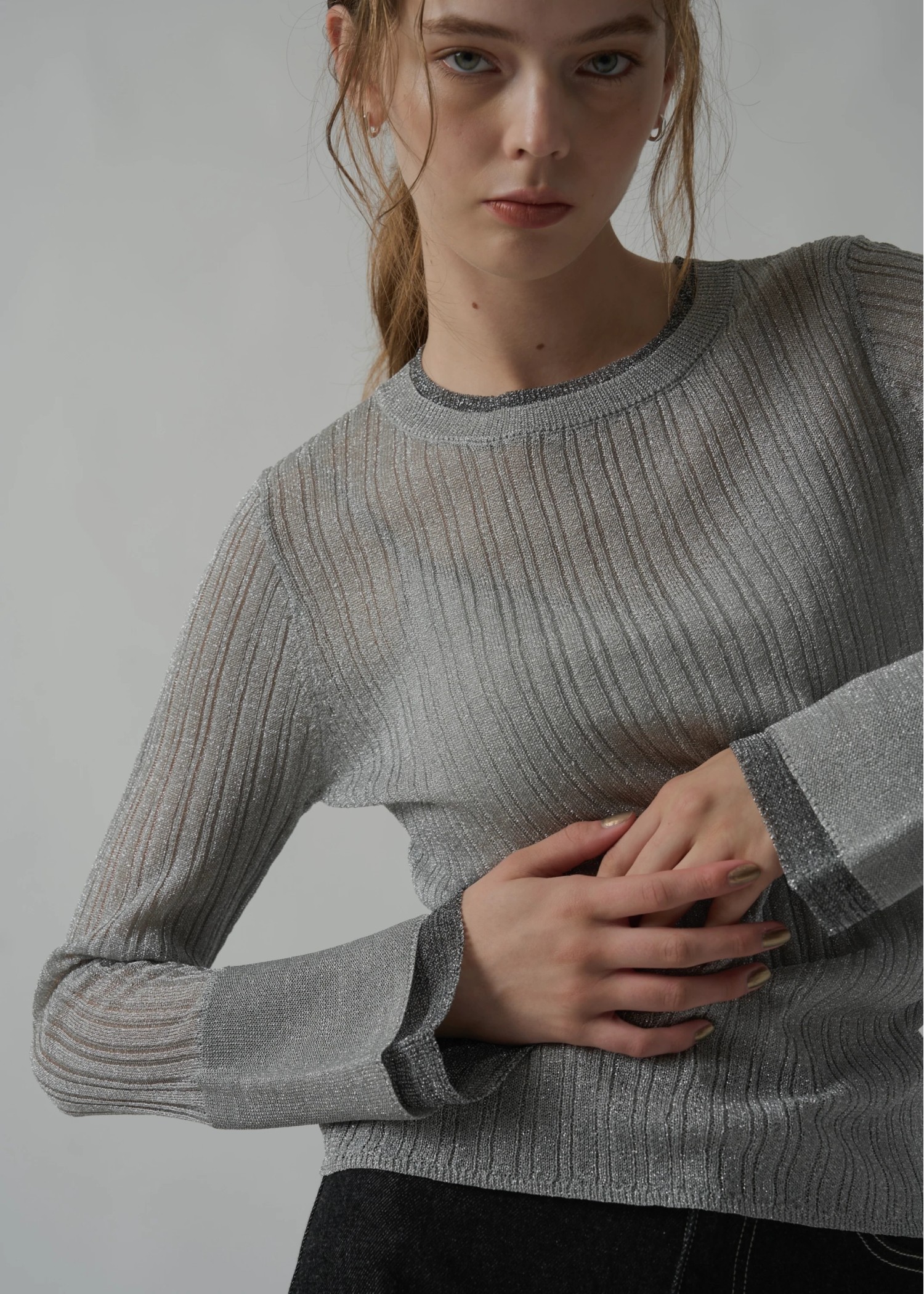 double flare sleeve lame rib knit